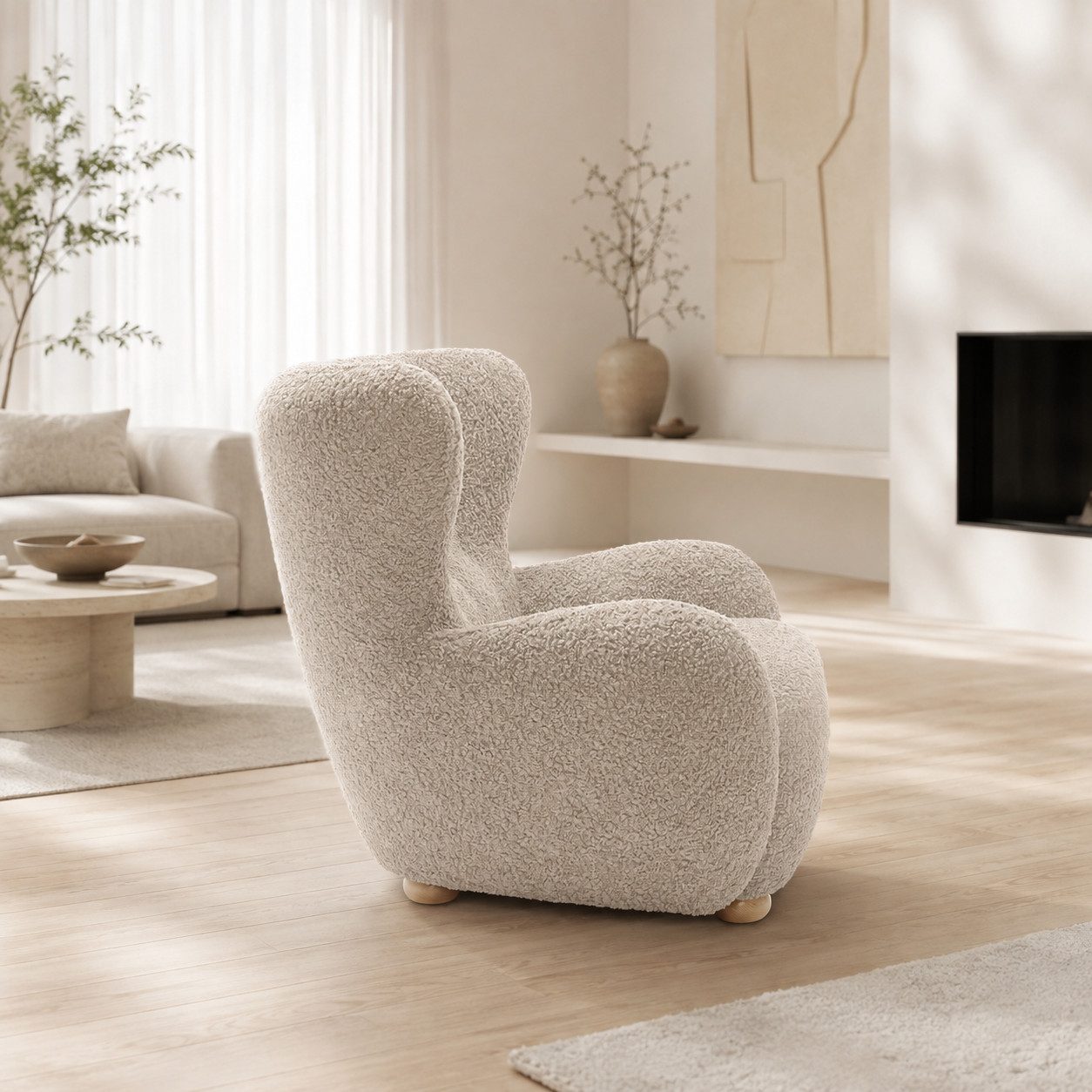 Goldstoff Sessel HUGSY Relaxsessel Boucle mit hoher Rückenlehne – Skandi & Boho Stil (Einzelsessel, Loungesessel), mit Relaxfunktion – Bild 3 von 5
