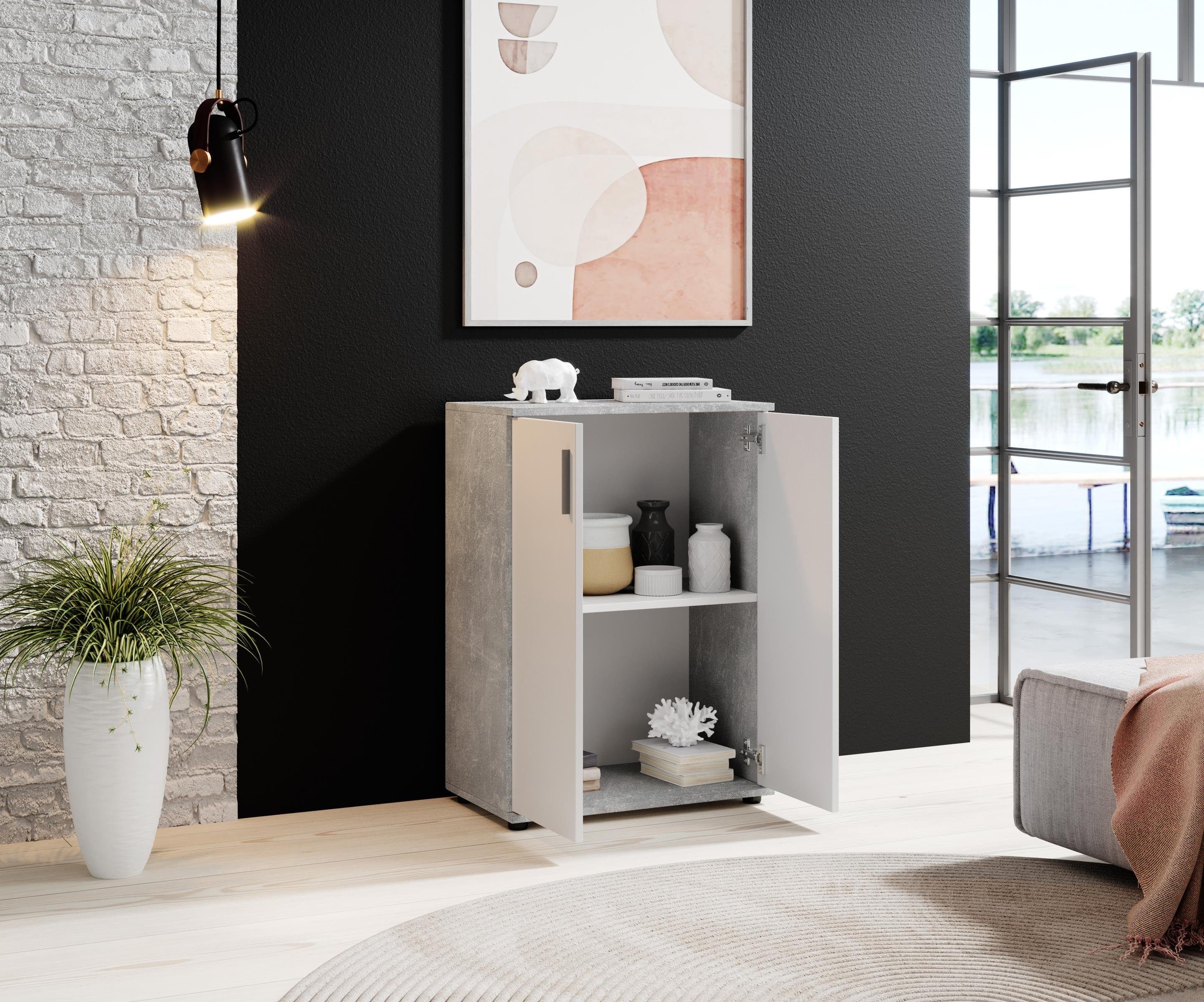 Bega Consult Kommode aus Spanplatte, in Beton/weiß, mit 2 Türen, 1 Einlegeboden (B/H/T 60 x 82 x 35 cm)