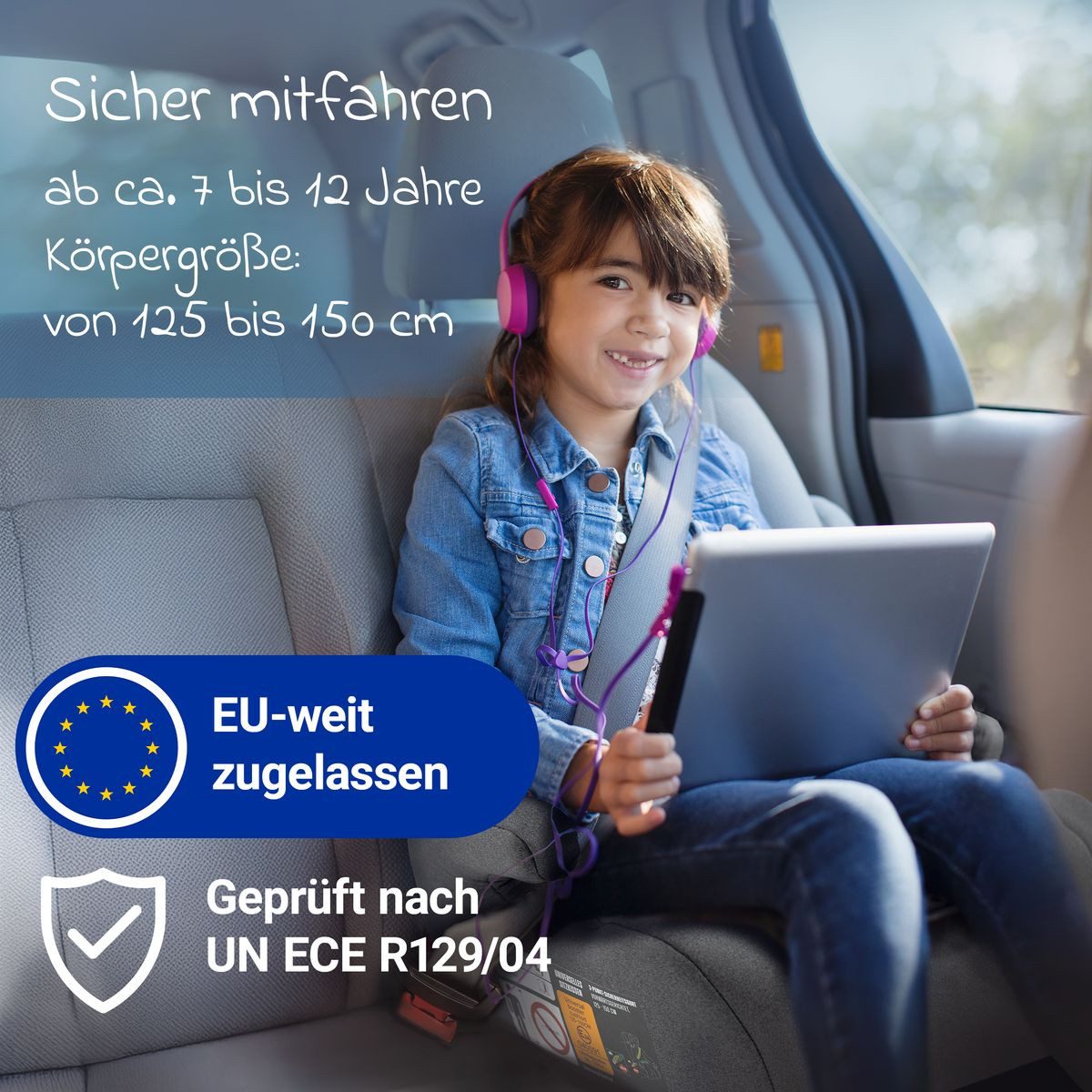 Zamboo Kindersitzerhöhung Dunkelgrau, Kinder Auto Sitzerhöhung i-Size 7 Jahre - 12 Jahre (125 cm - 150 cm)