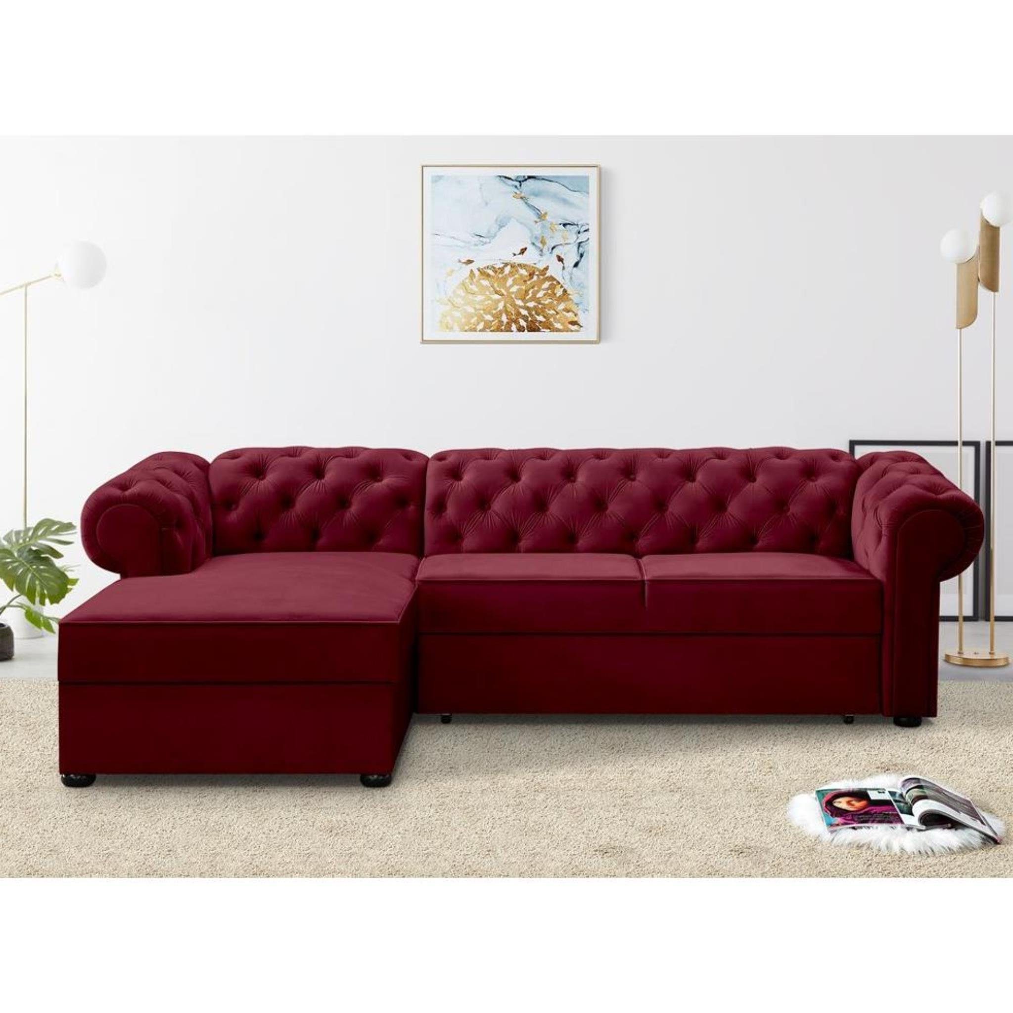Beautysofa Polsterecke Chester, stilvoll Corner Sofa aus Velours, mit Relaxfunktion, mit Bettkasten Kastanienrot (kronos 02)