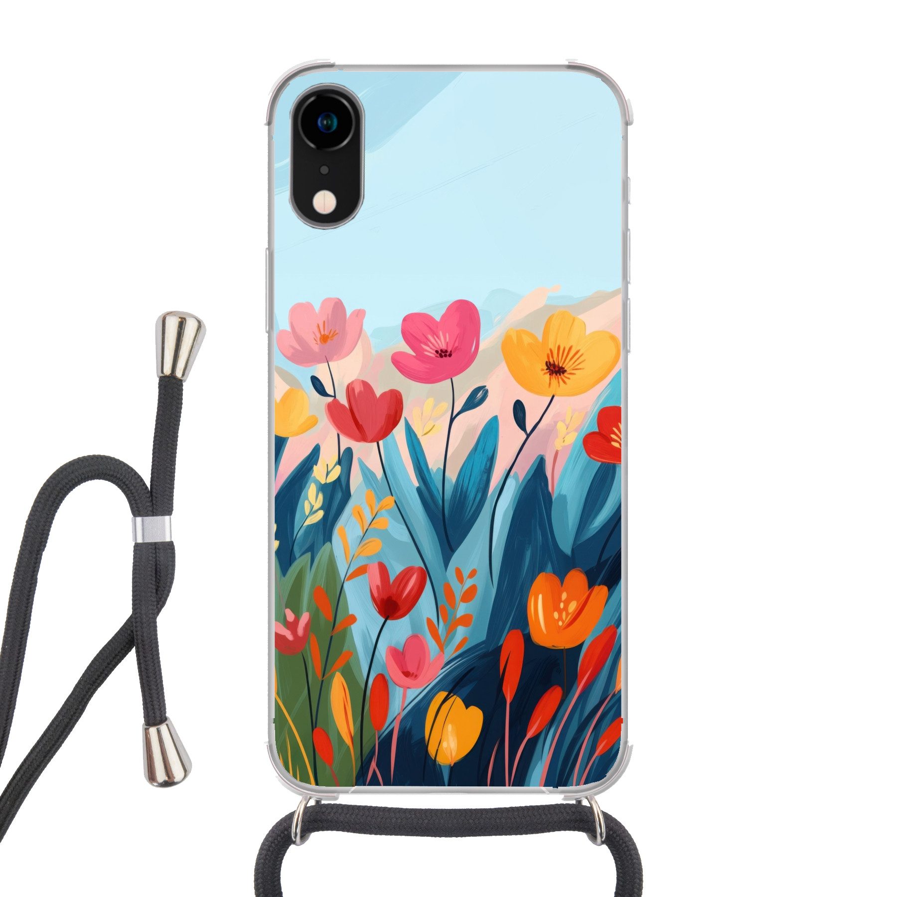MuchoWow Handyhülle für Apple iPhone XR Illustration - Blumen - Farbenfroh, Tragbare Handyhüllen mit Kette zum umhängen, Handykette Handyband