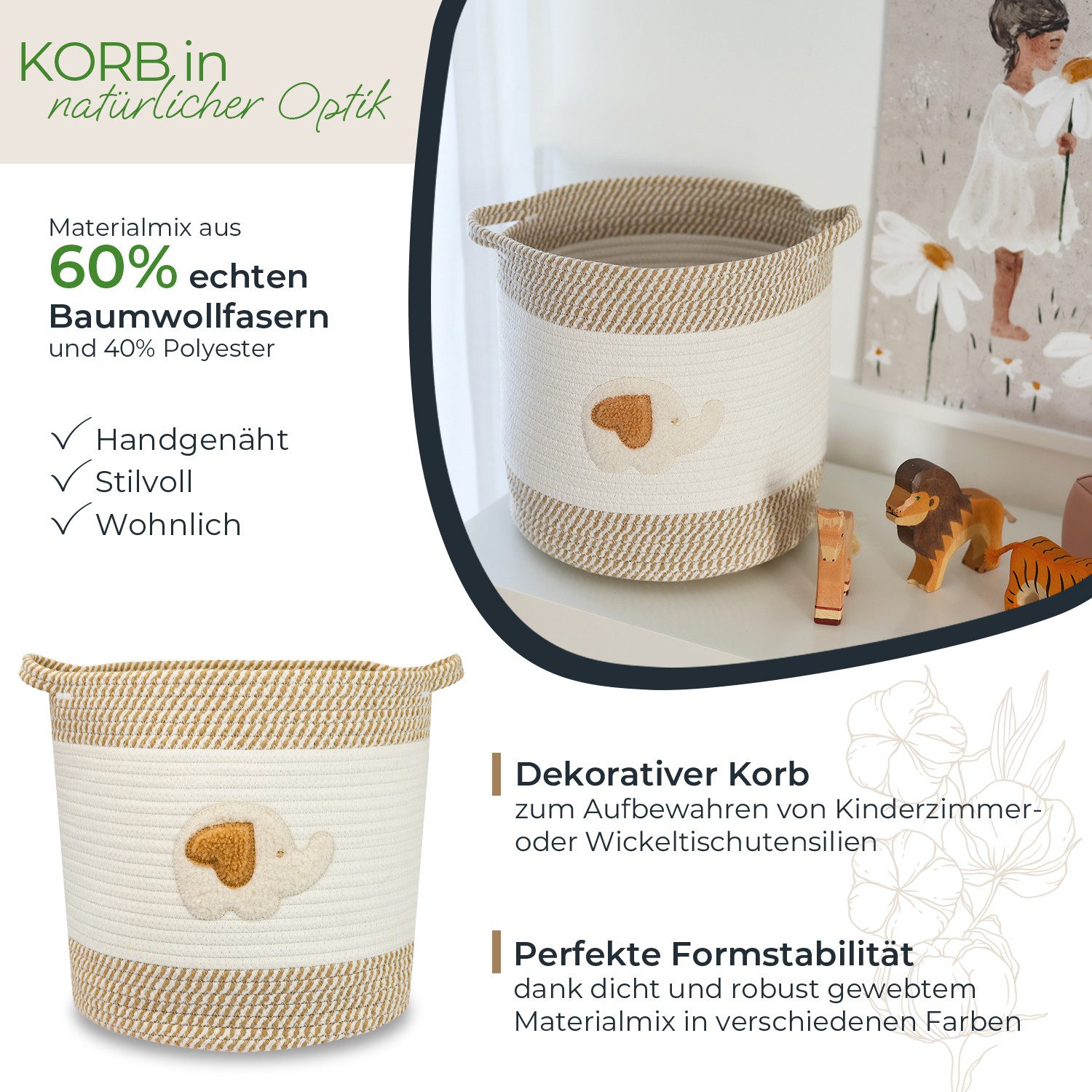 HMF Aufbewahrungskorb Aufbewahrungskorb mit verlängerten Griffen, runder Korb aus, Baumwolle für Kinderzimmer oder Babyzimmer, Elefant, 30,5 x 30,5 cm – Bild 2 von 5