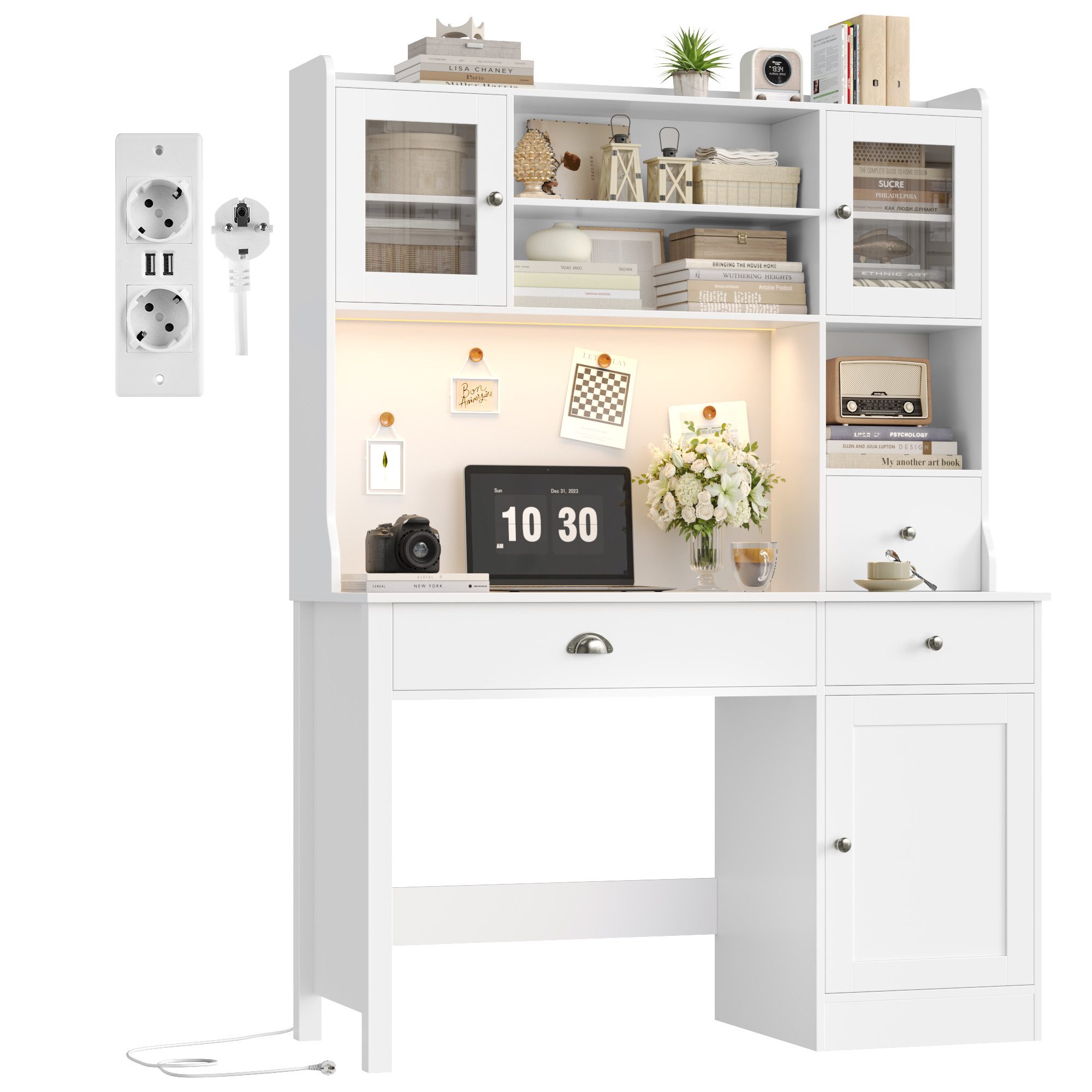 Homfa Schreibtisch mit LED, 2 Steckdosen und 2 USB, Schminktisch Computerti günstig online kaufen