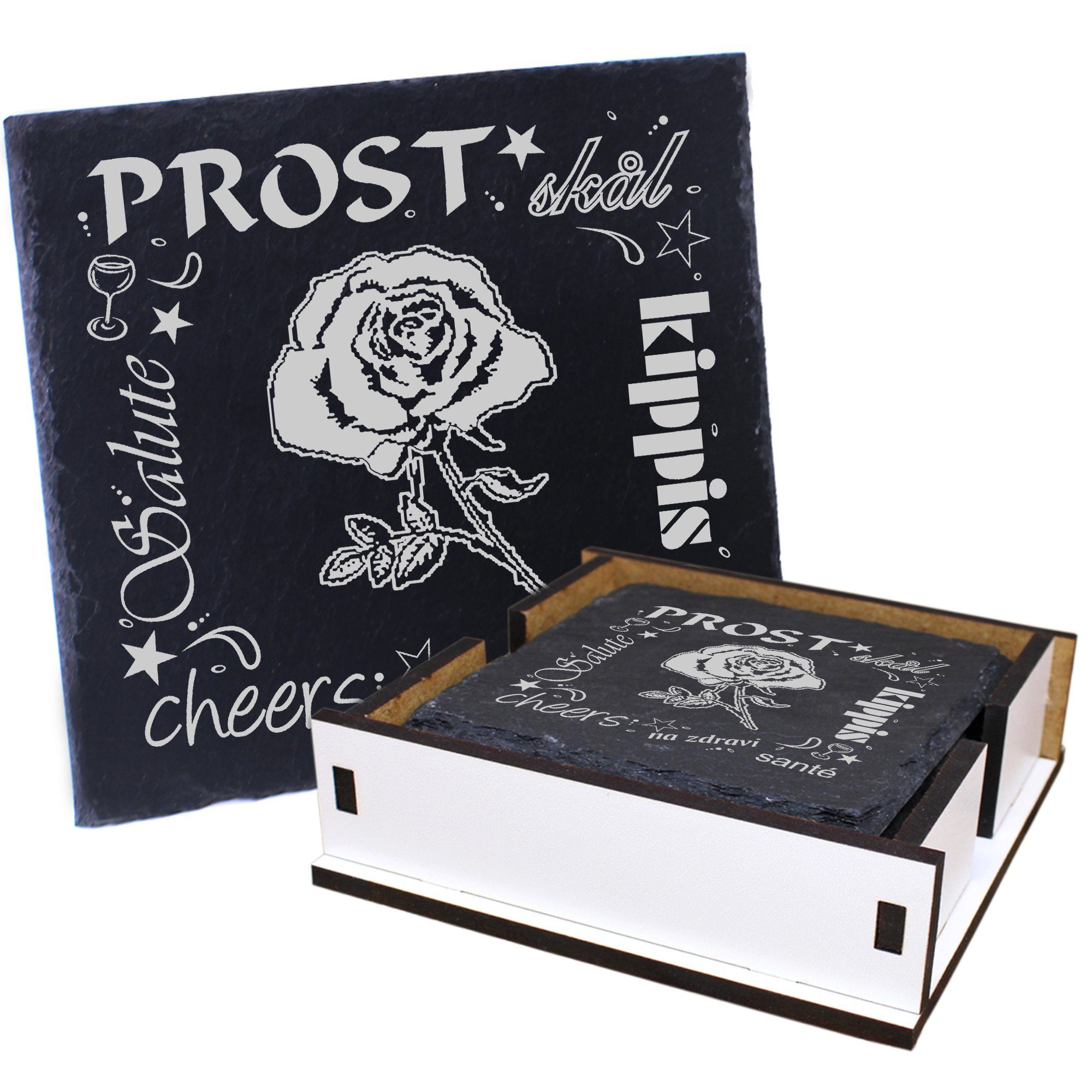 Prost - Rose Box Dekolando & 6-tlg. Flaschenuntersetzer, inkl. Getränkeuntersetzer