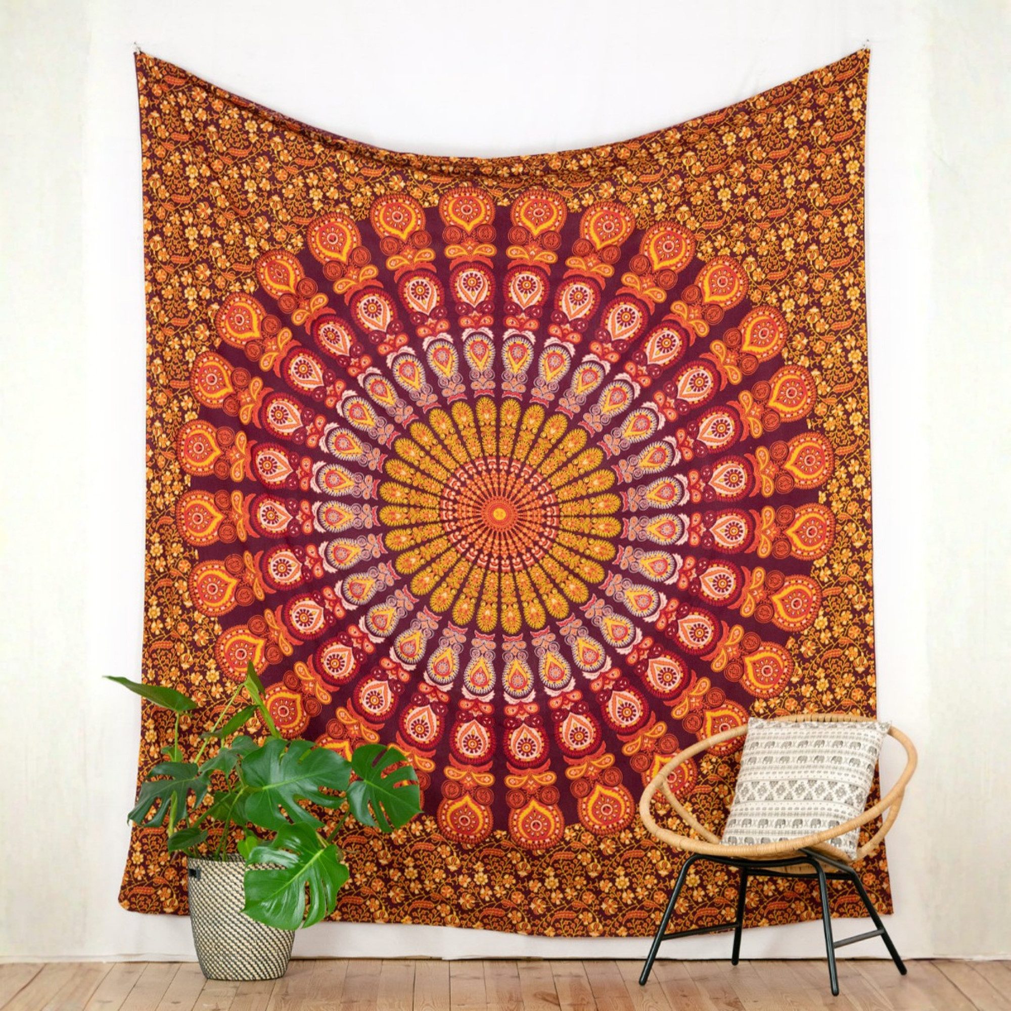 Karmandala Wandteppich Pfauenfeder Mandala 2x2m, Orientalisches Mandala Muster
