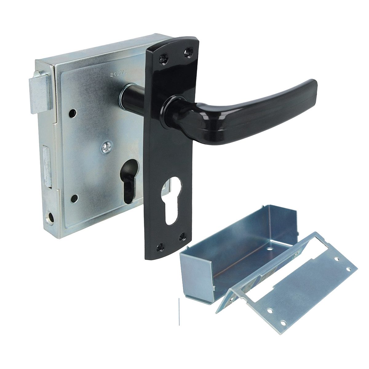 MS Beschläge Kastenschloss Aufschrauberes Türschloss - schließende Falle »PZ«, Dornmaß 60 mm, mit Winkelschließblech, Gartentorschloss DIN li / re - Kurzschild und Drücker