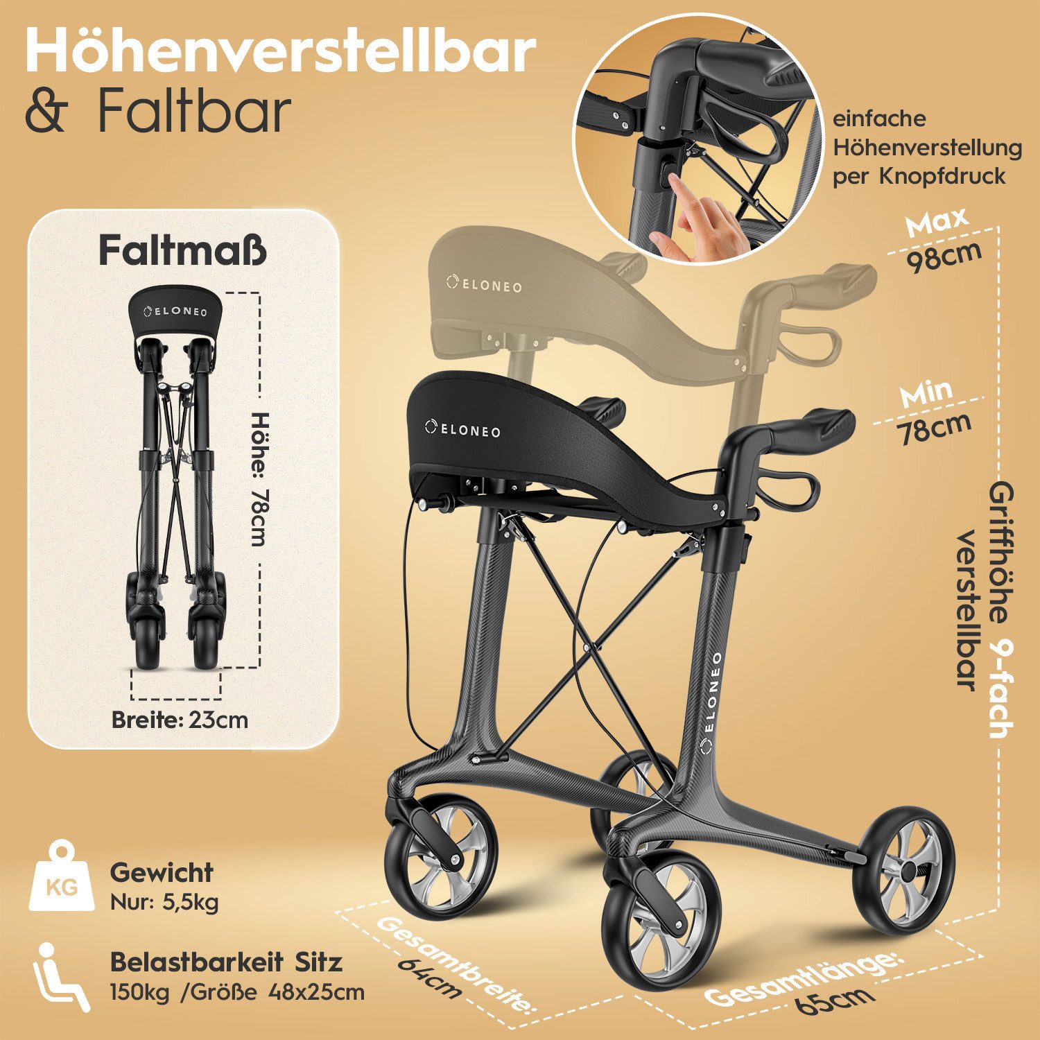 ELONEO Rollator aus Carbon, ultraleicht, faltbar, mit Sitz, Faltbarer Rollator mit Sitz, Rückenlehne, Einkaufstasche