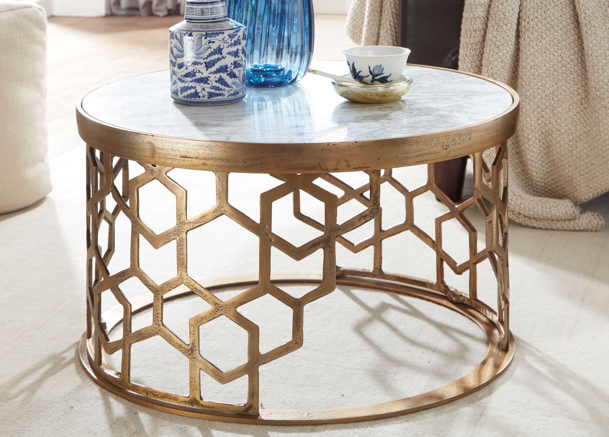 FINEBUY Couchtisch FB82239 Sofatisch Echter Marmor Ø 60 cm Tisch Wohnzimmertisch Rund (Sofatisch Metall, Wohnzimmertisch Modern), Echter Marmor Weiß / Gold 60x60x36 cm Rund