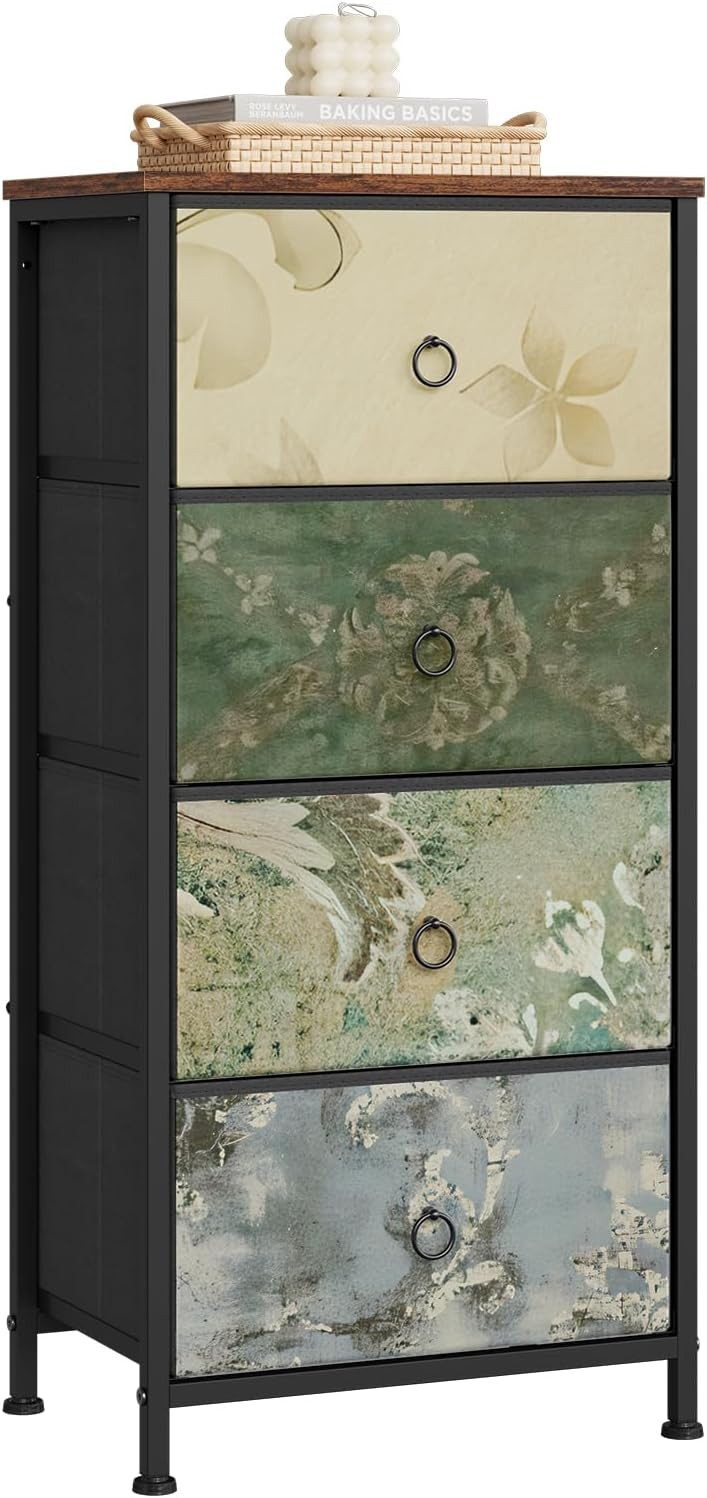 Woltu Kommode, mit 5 Schubladen, mit Vintage-Blumenmotiv, 45,5 x 95,5 x 30 cm