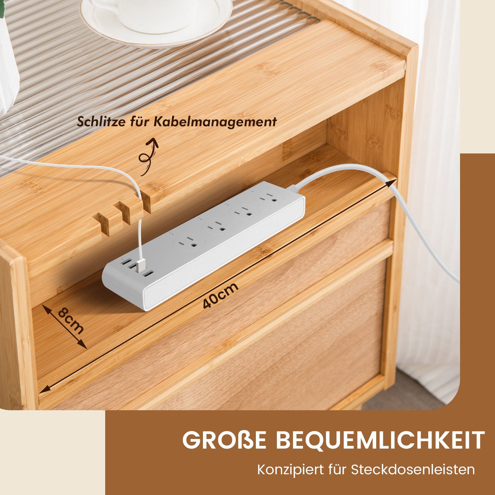 COSTWAY Nachttisch (1-St), Rattan Beistelltisch, mit Glastischplatte, aus Bambus