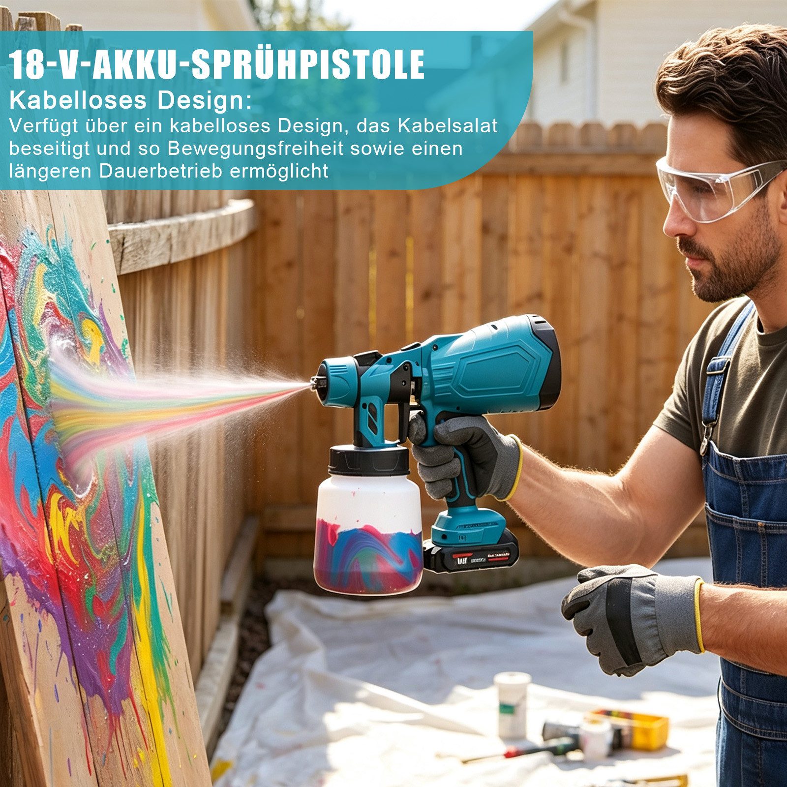 AKKEE Farbsprühgerät Akku Farbsprühsystem 1000 ml mit 2 Akkus Farbpistole, 3 Düsen, für Gartenzaun, Wände, Möbel, Decke