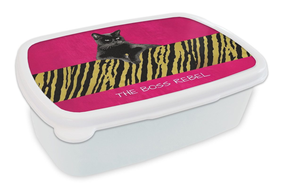 MuchoWow Lunchbox Katze - Boss - Rosa - Tigerdruck, Kunststoff, (2-tlg), Brotdose Schule oder Arbeit, Brotbox für Kinder und Erwachsene