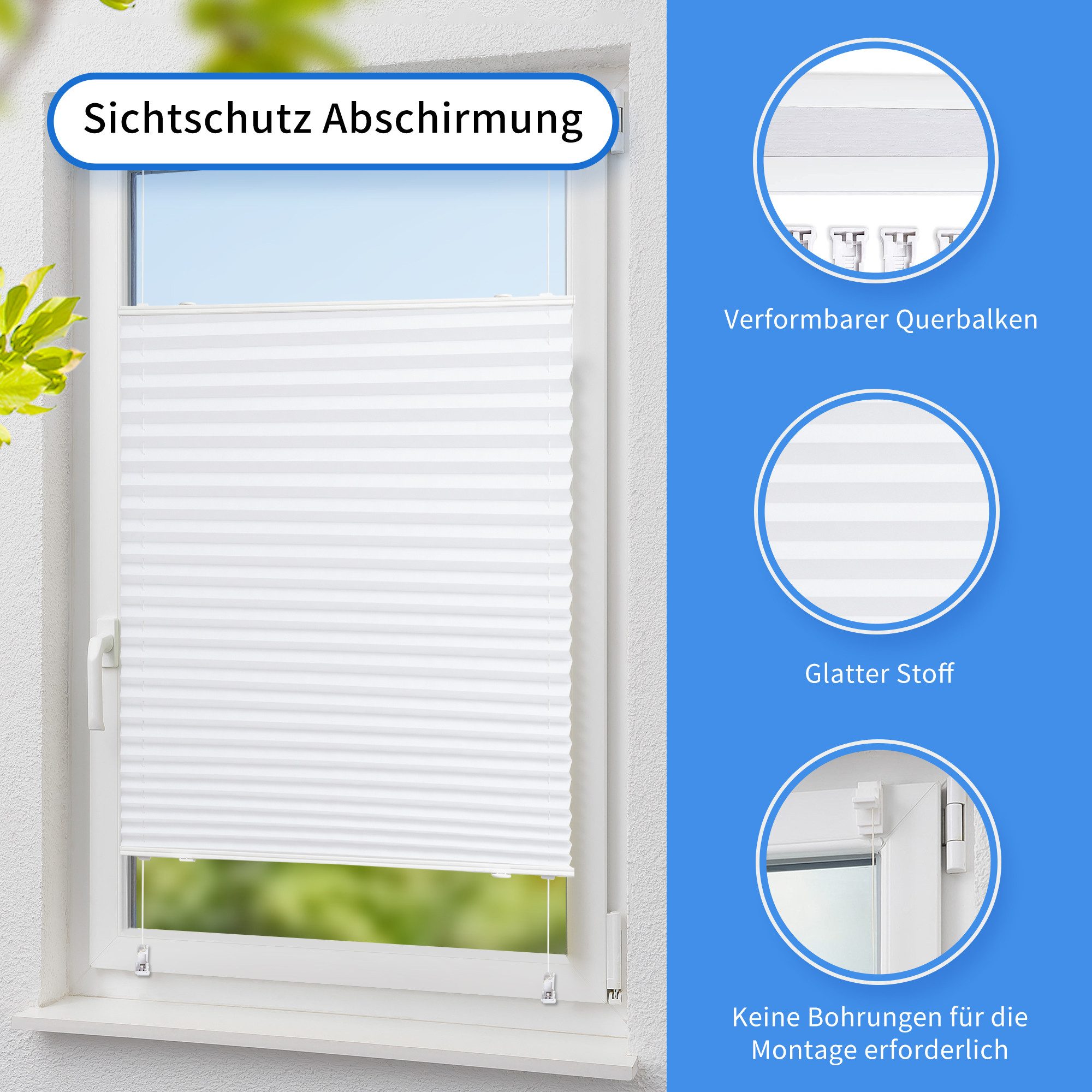 OUBO Plissee Faltrollo Ohne Bohren, blickdicht, Klemmträger,Easyfix, Lichtschutz, verspannt, Klemmfix, Jalousie für Fenster & Tür