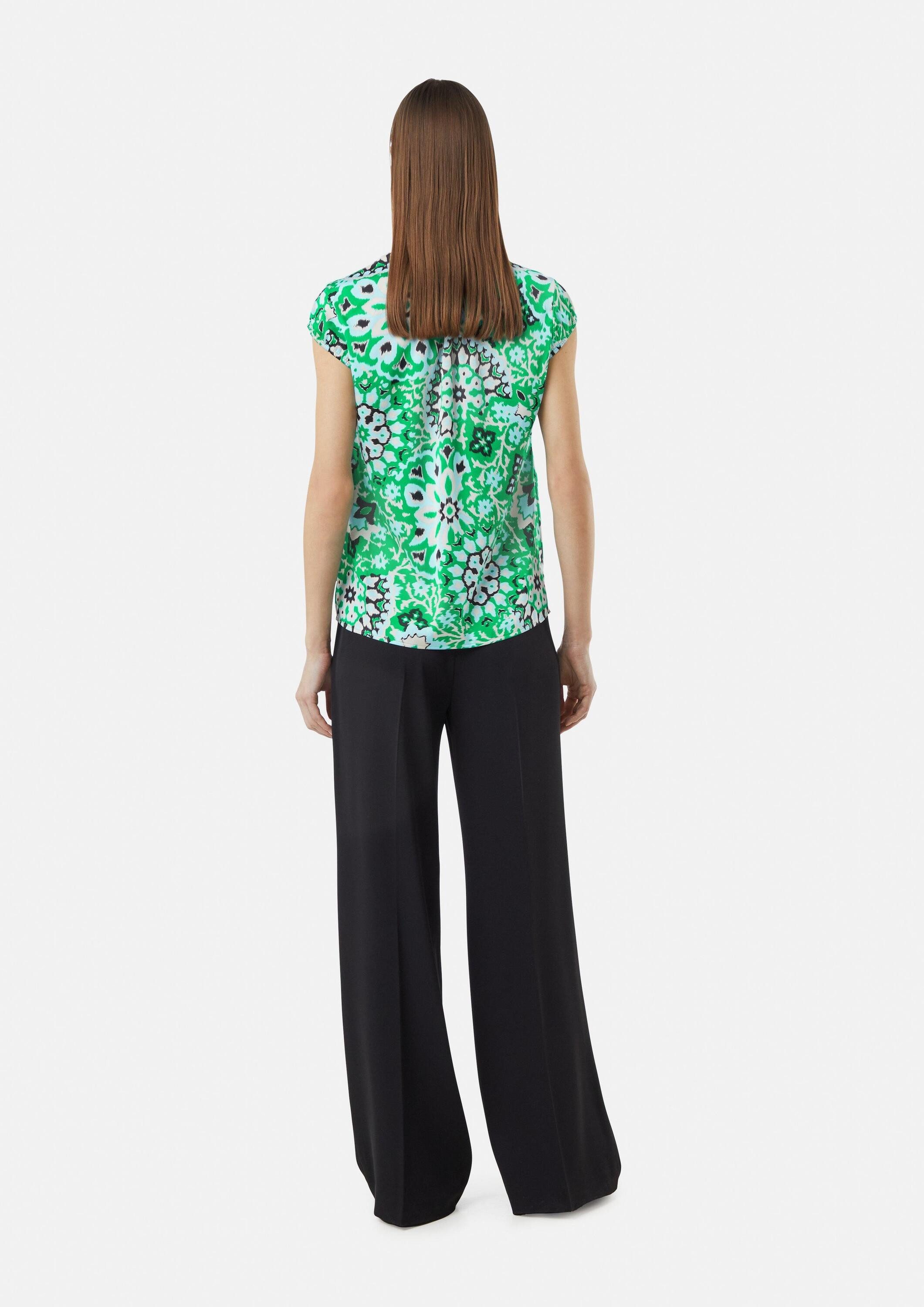 comma Kurzarmbluse Bluse Satinbluse mit Raffung und All-Over Print