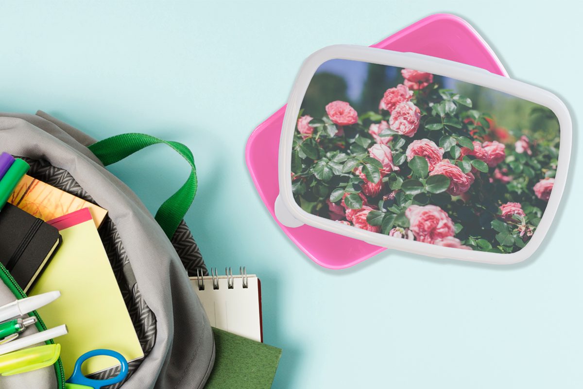 MuchoWow Lunchbox Schöne Brotdose Sommergarten, Rose Mädchen, Kunststoff rosa Erwachsene, Kunststoff, Brotbox Snackbox, im Kinder, (2-tlg), für