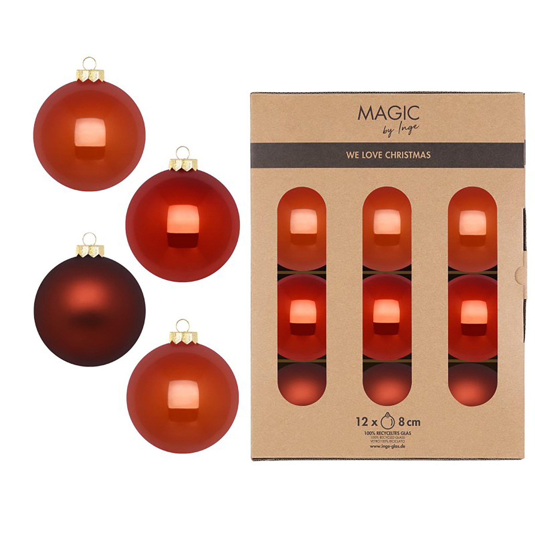 MAGIC by Inge Weihnachtsbaumkugel, Weihnachtskugeln Glas 8cm 12 Stück - Warm Terracotta