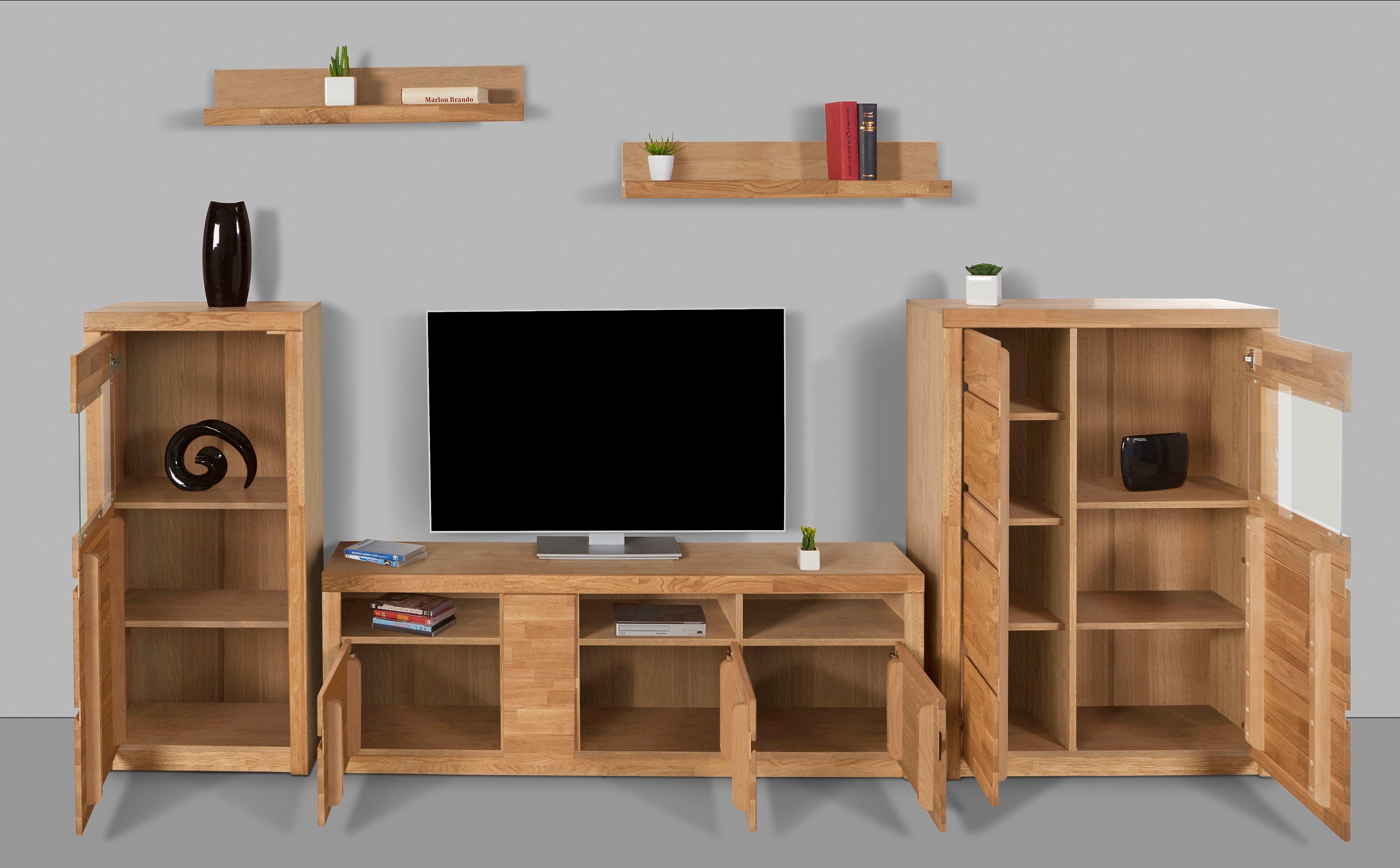 OTTO home Wohnwand Silkeborg: 5-teilig, Breite: 310cm, Griffmulden, variable Einlegeboden, (Set, 5-St), Fronten aus Massivholz und Korpus aus Holzwerkstoff