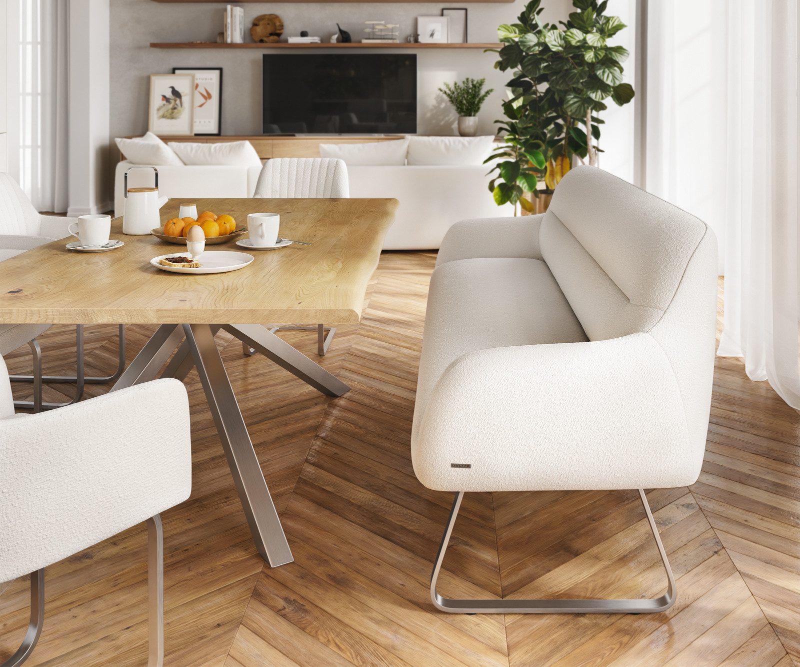 DELIFE Essbank Taya-Flex, 200 cm Kufengestell flach Edelstahl Bouclé Creme-Weiß Taschenfederkern