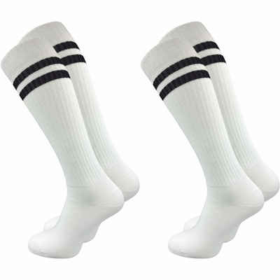 GAWILO Kniestrümpfe Retro für Damen mit stylischen Streifen, weiß & schwarz, aus Baumwolle (2 Paar) Knielange Socken im sportlichen Look - auch zum Wandern geeignet