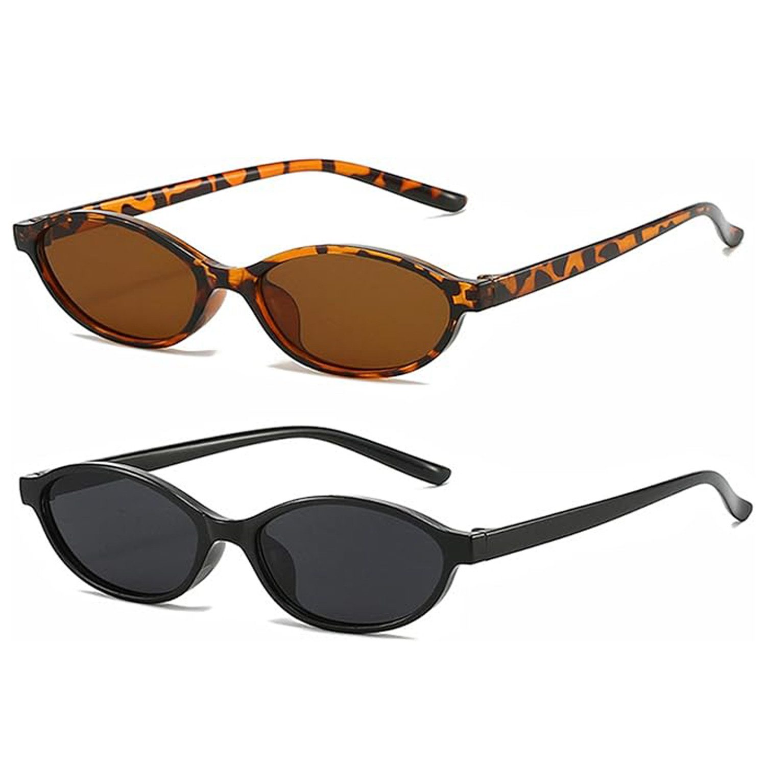 OKWISH Sonnenbrille Herren Damen 2 Stück Vintage Oval Солнцезащитные очки Set UV400-Schutz (Cateye Kleine Schmale Sunglasses, 2-St., Leicht & Flexibel, ideal für alle Gesichtsformen) für Partys Outdoor Aktivitäten Reisen Fahren und tägliches