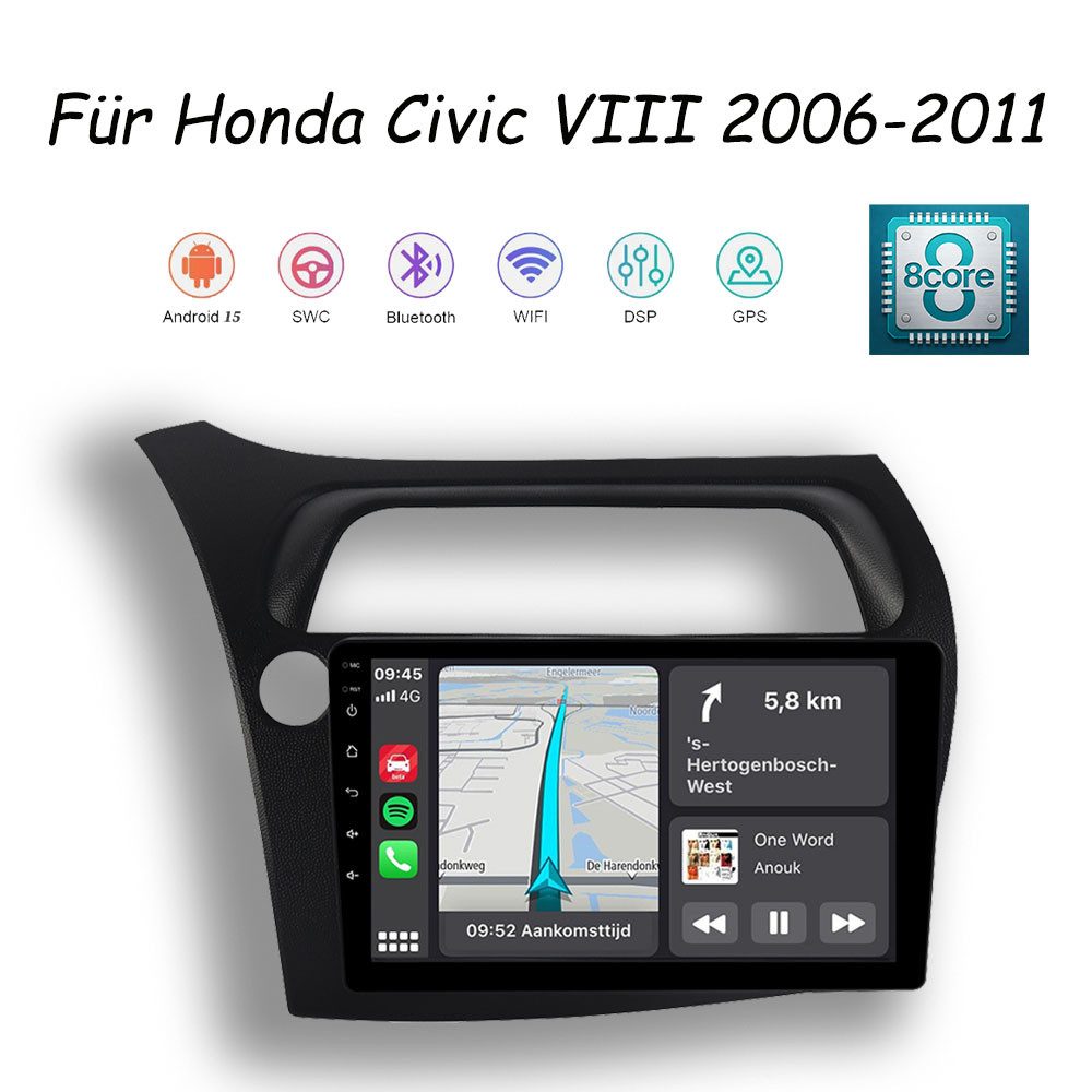 A-Sure Für Honda Civic VIII 2006-2011 8 Core & 4+64G Android 15 NAVI DSP RDS Autoradio (Digitalradio (DAB), FM, AM, 1280*800 IPS Screen/8-Core CPU)