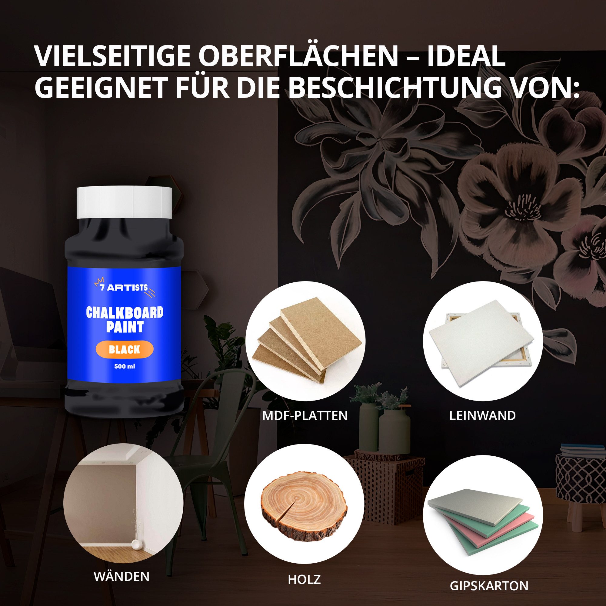 7 Artists Tafelfarbe 7 Artists Tafelfarbe Schwarz, Tafellack Ungiftig auf Wasserbasis