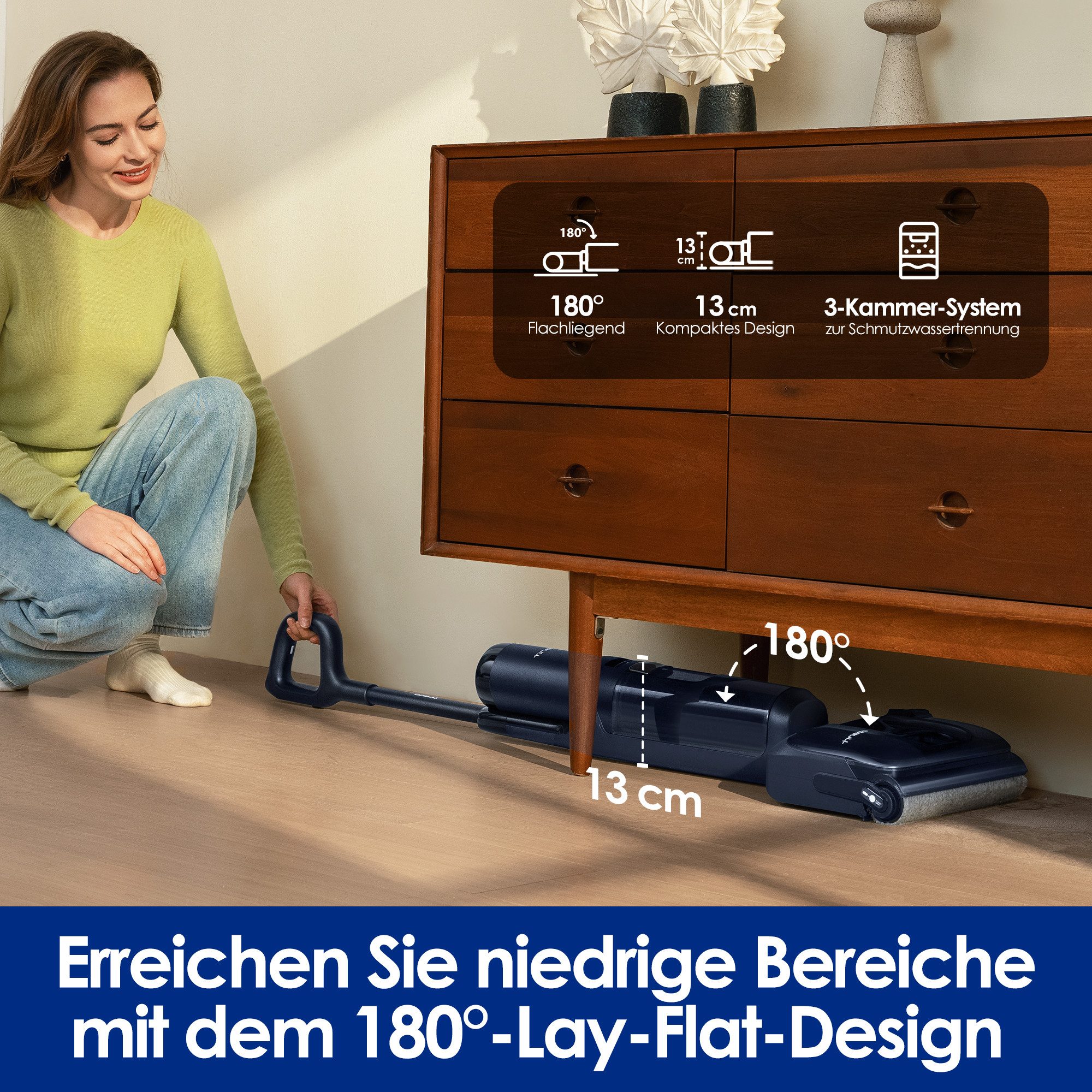 Tineco Nass-Trocken-Sauger Floor One S7 Stretch, 85° Grad Heißluft-Trocknung, 180° Grad Neigung, 230 W, beutellos, 50 Min Akku, automatische Anpassung der Saugleistung, Tierhaarfilter