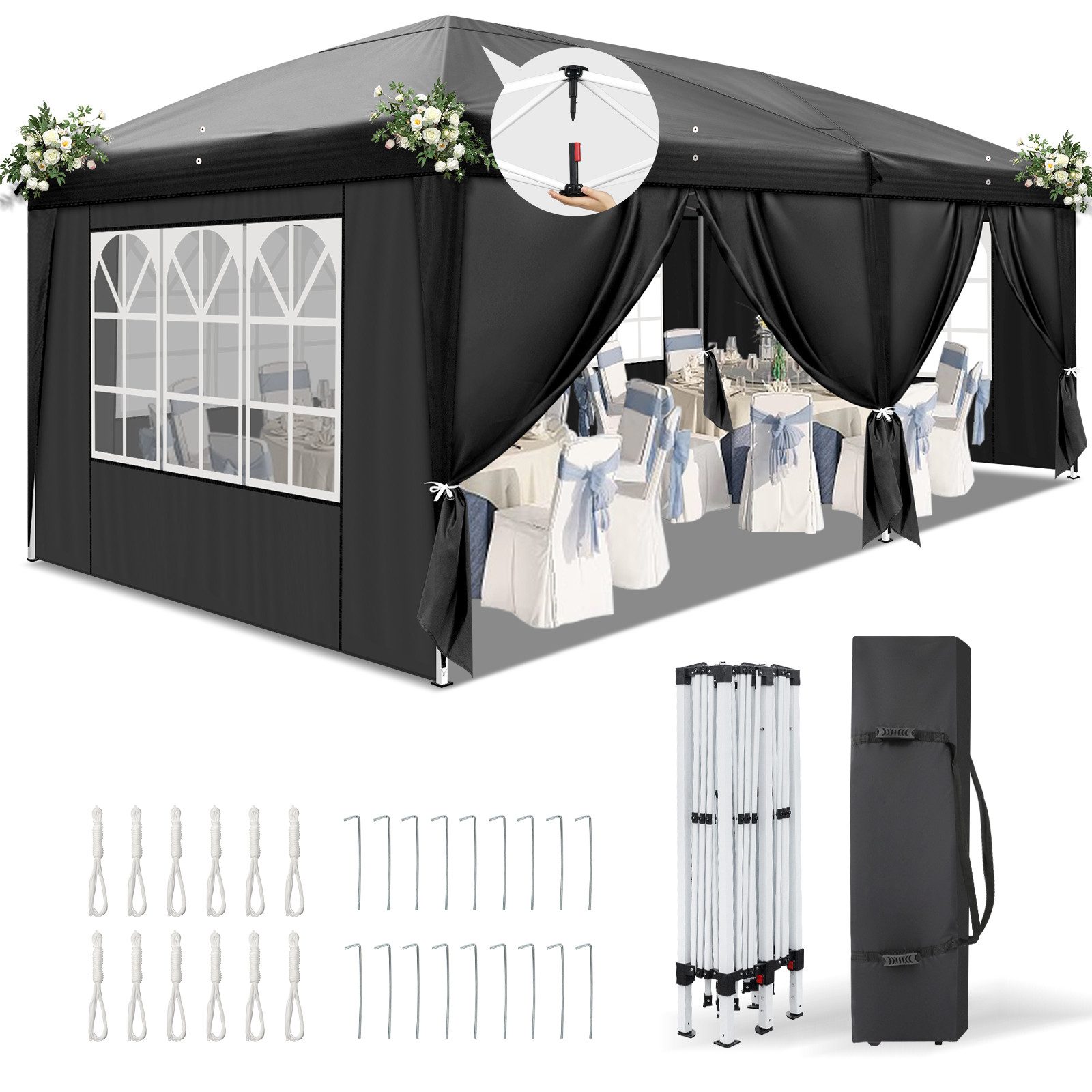 LALAHO Faltpavillon Partyzelt 3x6 m, mit 6 Seitenwänden, höhenverstellbarer Gartenpavillon, mit 6 Seitenteilen, Gartenzelt artenpavillon mit Tragetasche UV-Schutz 50+