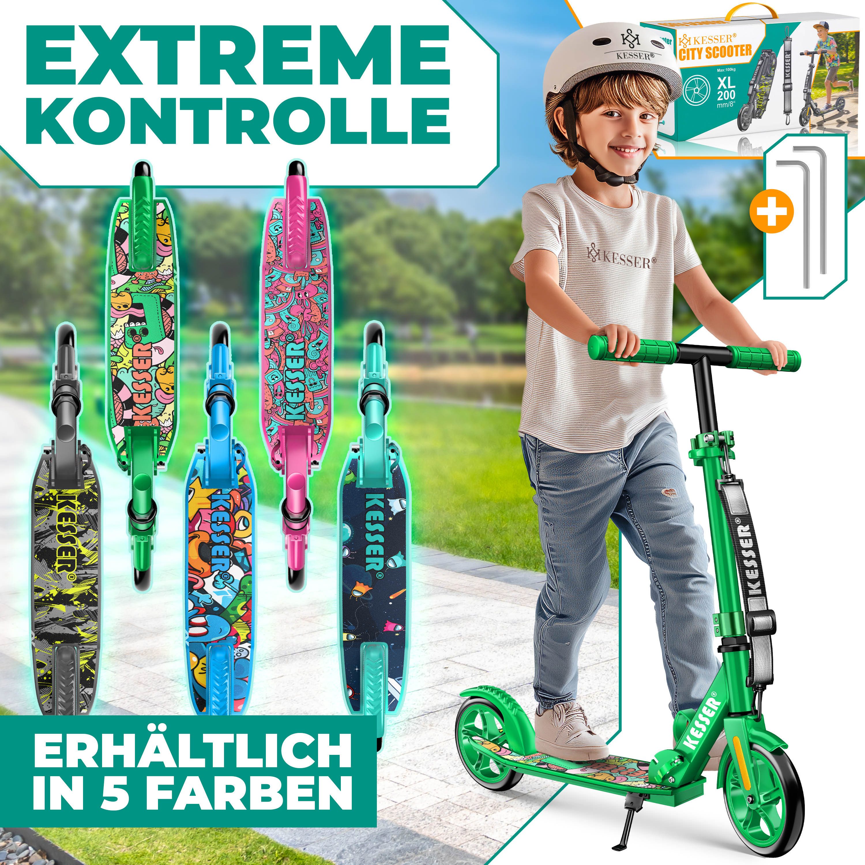 KESSER Scooter Citysooter mit Hinterradbremse & rutschfeste Trittfläche, Kinderroller bis 100kg & 185cm Körpergröße, klappbar höhenverstellbar