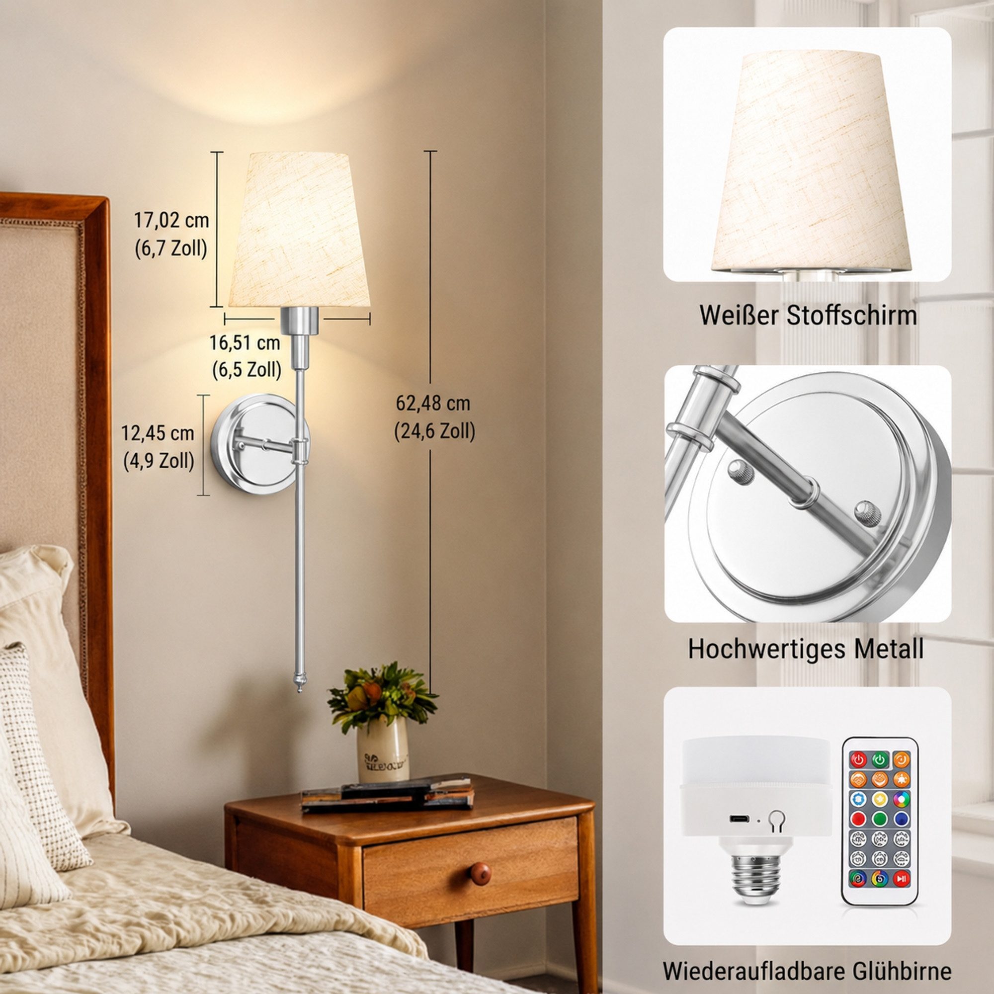 LOHAS-LED Wandleuchte 2er-Set kabellose Leinen-Wandlampen mit matt vernickeltem Metallrahmen, LED wechselbar, RGBCW, RGBCW dimmbar mit IR-Fernbedienung, aufladbare E26-Akkuleuchtmittel