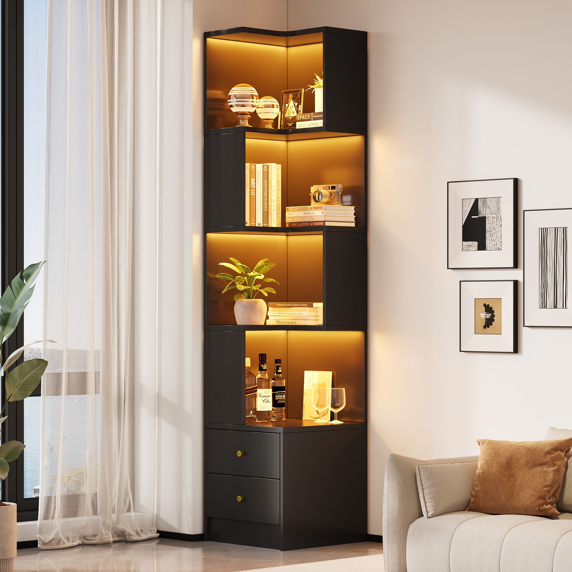 STILVORA Hochschrank Vitrine mit LED-Beleuchtung Highboard mit großem Stauraum (Multifunktionsschrank mit Eckdesign und Bücherregal, MDF-Material, offene Fächer, Schubladen, Farbwechsel-Licht) Für Wohnzimmer, Arbeitszimmer, Büro