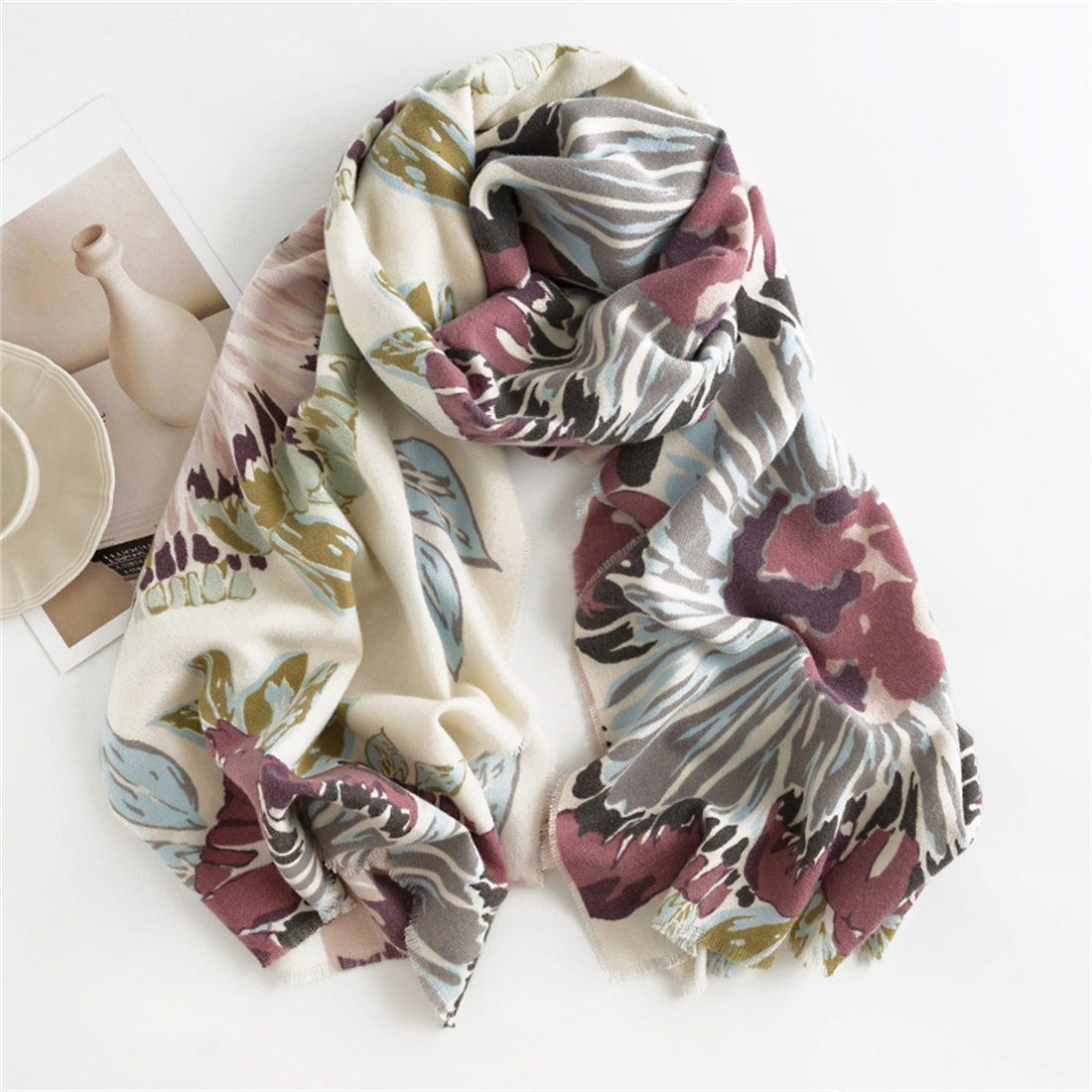 DÖRÖY Modeschal Damen Retro Blumenmuster Schal,Winter Coldproof Warm Schal, Warm Schal Weiß