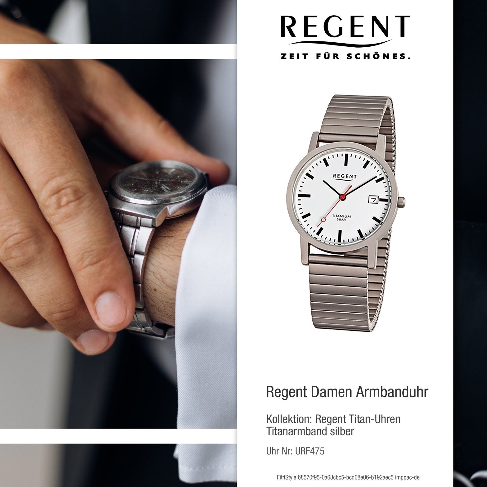 Regent Titanuhr Regent Gehäuse, mittel Damen-Herren (ca. 34mm) Titanarmband, rundes Titan Uhr F-475, Damen, Herrenuhr weiß
