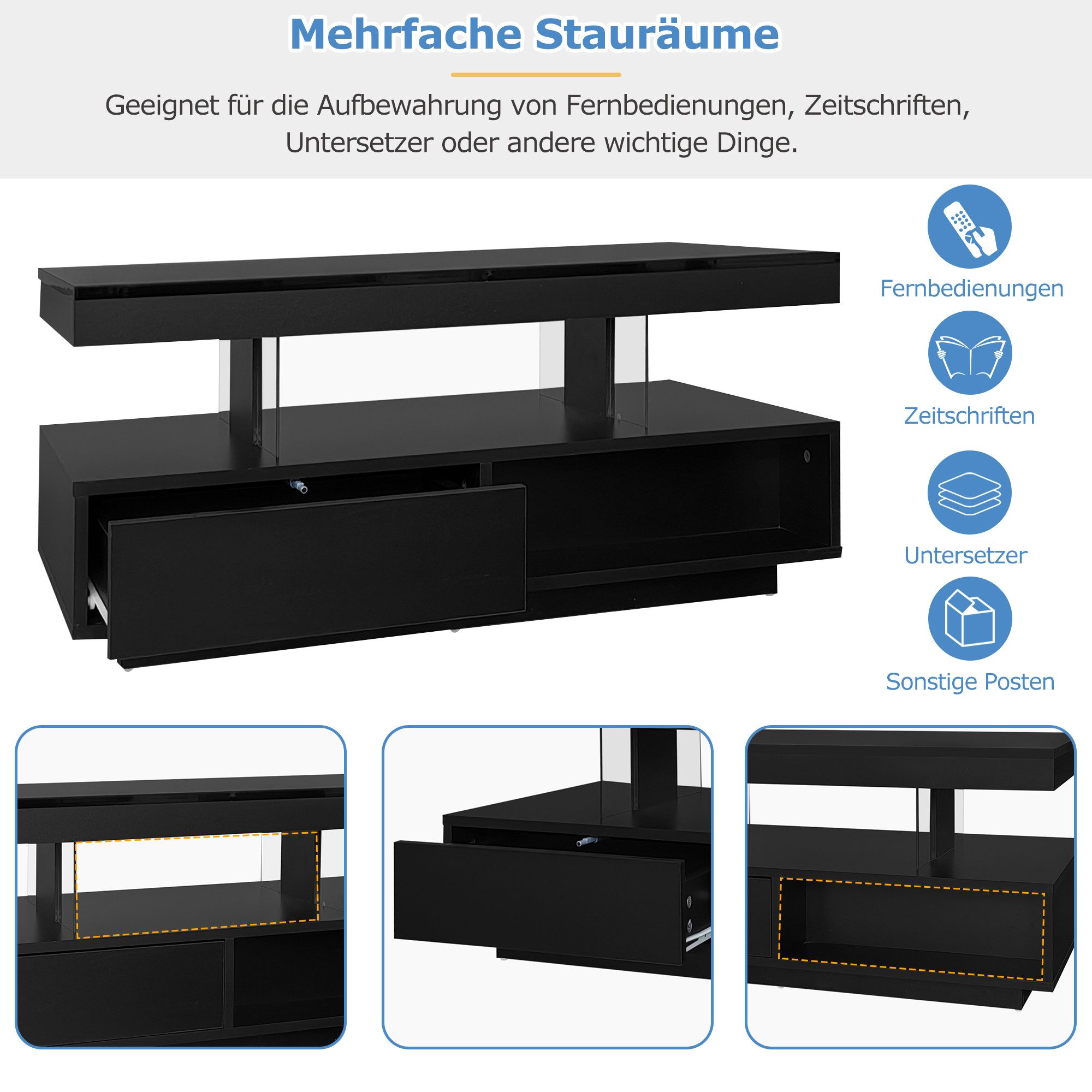 Merax Couchtisch mit 2 Schubladen und Stauraum, Beistelltisch Hochglanz mit LED inkl. APP, Wohnzimmertisch – Bild 5 von 5