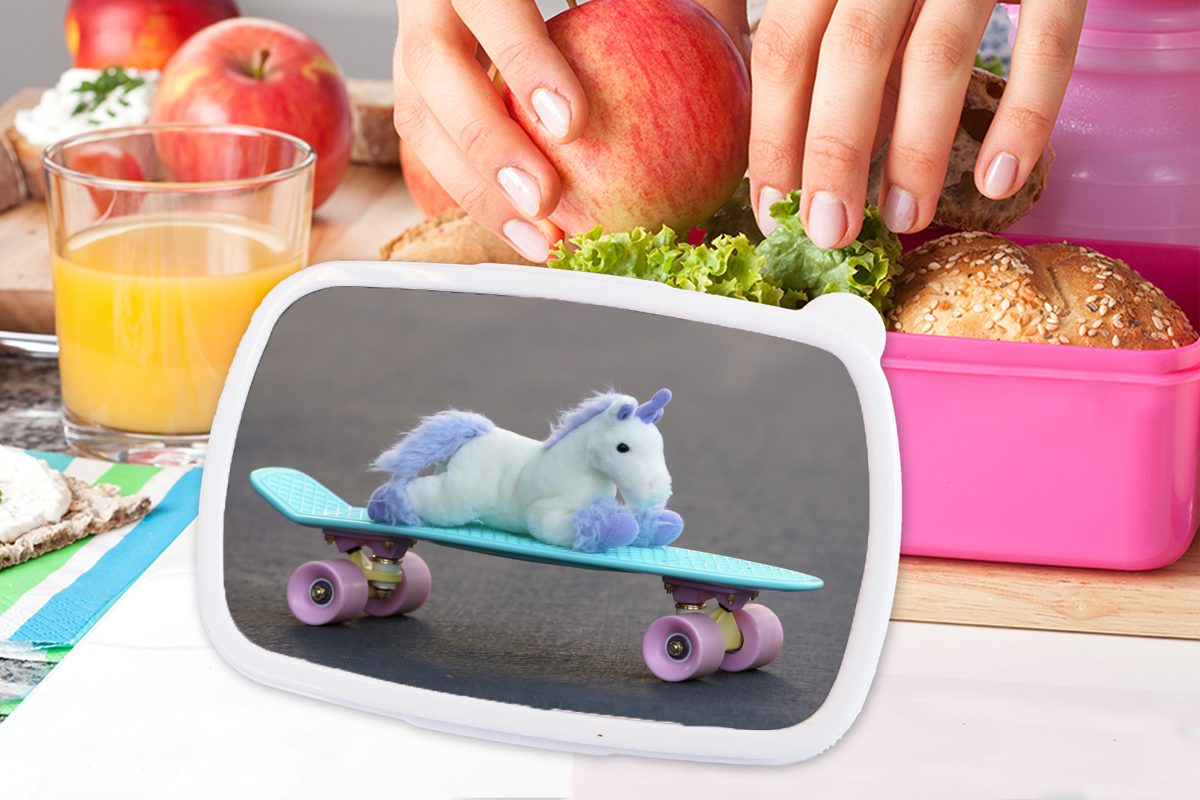 Brotdose Kinder, für Skateboard, rosa (2-tlg), Erwachsene, MuchoWow Mädchen, Kunststoff Snackbox, auf Brotbox Einhorn Kunststoff, Lunchbox