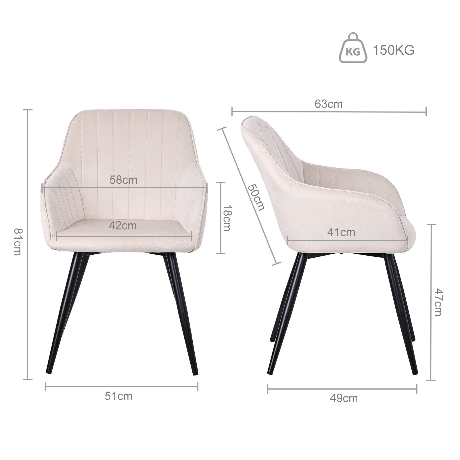 HOMAVO Esszimmerstuhl Stuhlset in Samt mit Armlehnen-modernen Design (2 St), Nach EN 12520 geprüft, mit Armlehnen, Metallbeinen, modernes Design