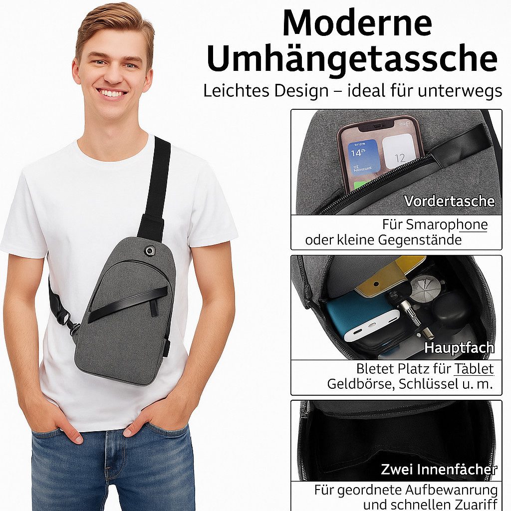 Diyarts Umhängetasche (1x Umhängetasche mit verstellbarem Schultergurt), Wasserdicht, leicht, verstellbarer Schultergurt, mehrere Fächer