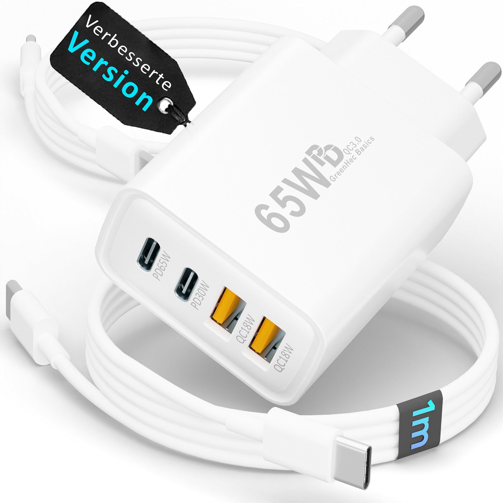 GreenHec 65w USB-C Ladegerät 4-Port Mehrfach Schnellladegerät USB-A Netzteil Schnelllade-Gerät (50 mA, Spar-Set, Universelle Kompatibilität, + Ladekabel Fast Charger Adapter Macbook Ladestation Type C + A Port)