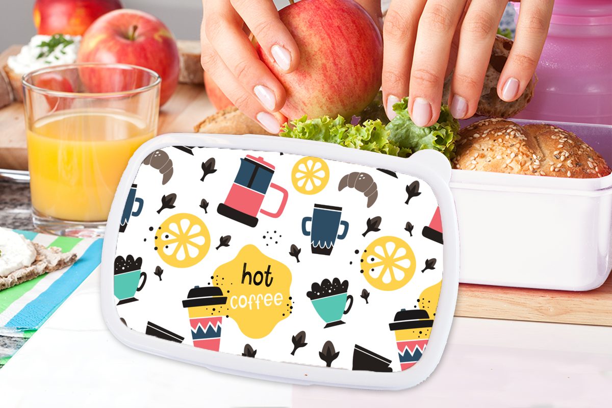 MuchoWow Lunchbox für Mädchen weiß Kunststoff, und Kinder Croissant, - Frühstück und Erwachsene, Brotbox - Muster Brotdose, - Jungs Kaffee (2-tlg), für