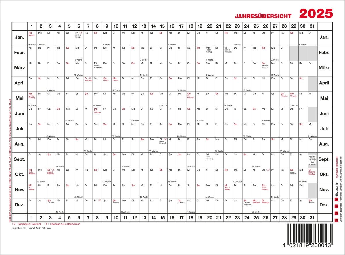GÜSS Календари Terminplaner Tafelkalender 1 Jahr/1 Seite A6 Kalendarium 2026