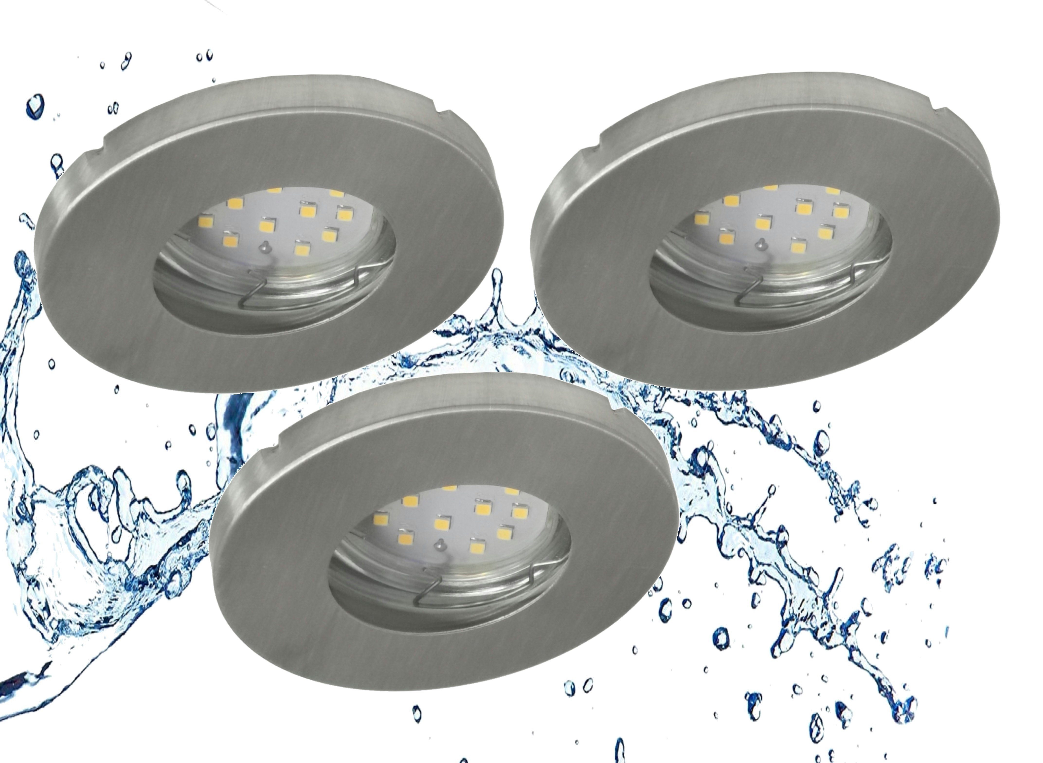 TRANGO LED Einbauleuchte, 3er Set 6729IP65-039MO IP65 LED Einbaustrahler in Aluminium gebürstet inkl. 3x 5 Watt 3000K warmweiß Ultra Flach LED Modul für Bad, Dusche, Einbauspots, Deckenstrahler, Deckenlampe, Badleuchte