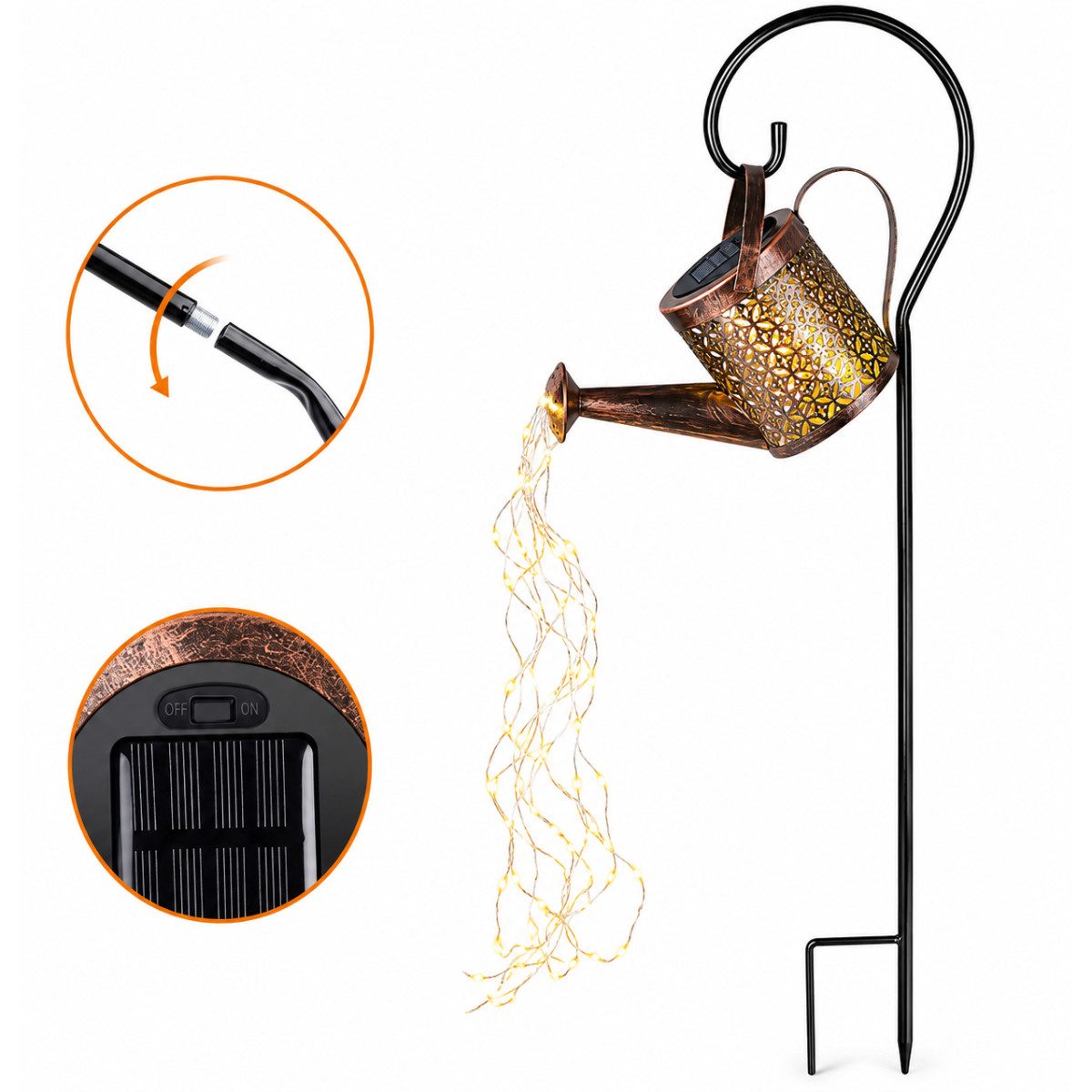 R2 Invest LED Gartenleuchte Dekorative Solar Gartenleuchte Gießkanne LED mit Wasserfall Effekt
