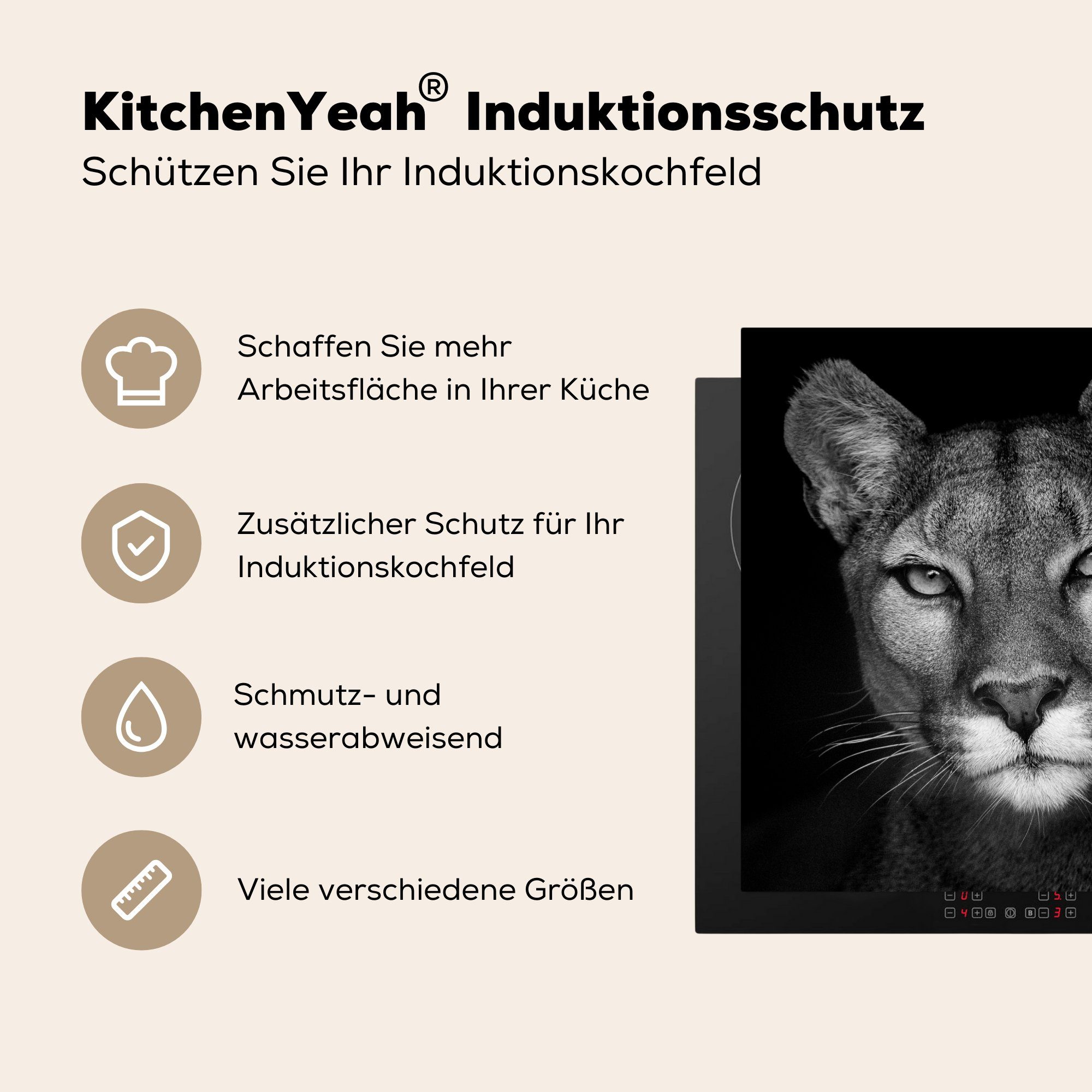 MuchoWow Herdblende-/Abdeckplatte Tierprofil Puma in tlg), weiß, Vinyl, Arbeitsplatte Ceranfeldabdeckung, küche und für 78x78 (1 cm, schwarz