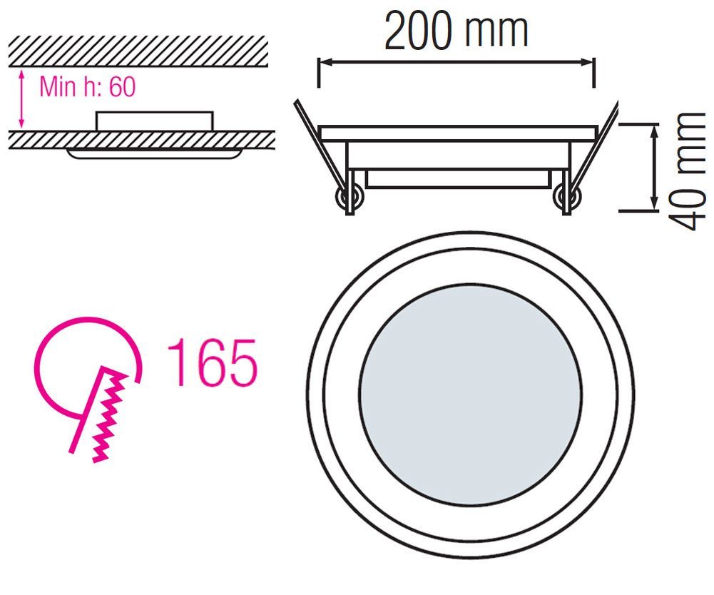 Lochmaß Einbaustrahler Deckenleuchte Maße Panel V-TAC Glas Lumen, 15w 16,5cm 20x4cm, einbau, Ø Ø LED Einbauleuchte LED 1500 Deckenleuchte