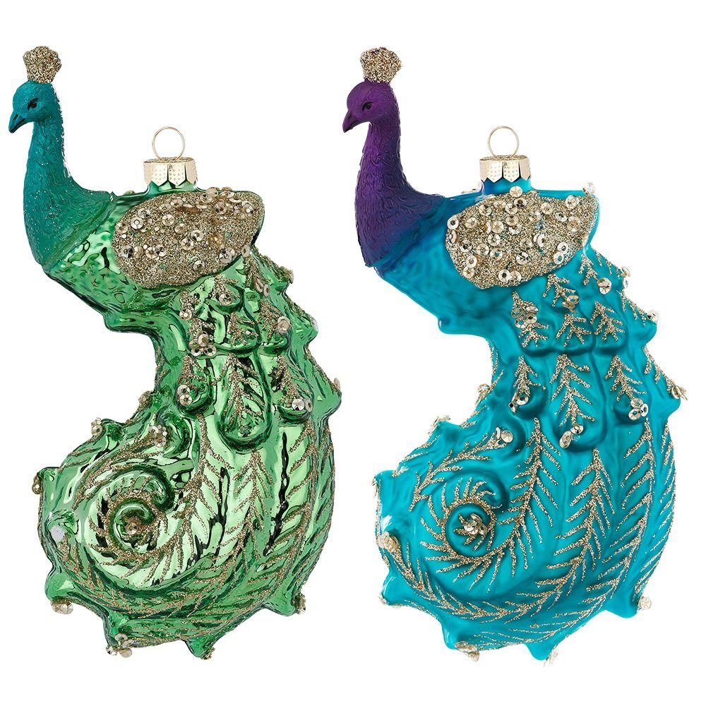 MAGIC by Inge Christbaumschmuck, Christbaumschmuck Glas Pfau Vögel 15cm türkis / grün, 2er Set