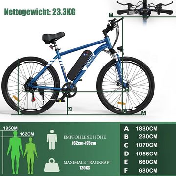 HITWAY E-Bike 26", 7 Gang Shimano, Kettenschaltung, Heckmotor, MTB 36V11.2AH abnehmbarer Akku, Doppelscheibenbremse, Shimano 7G