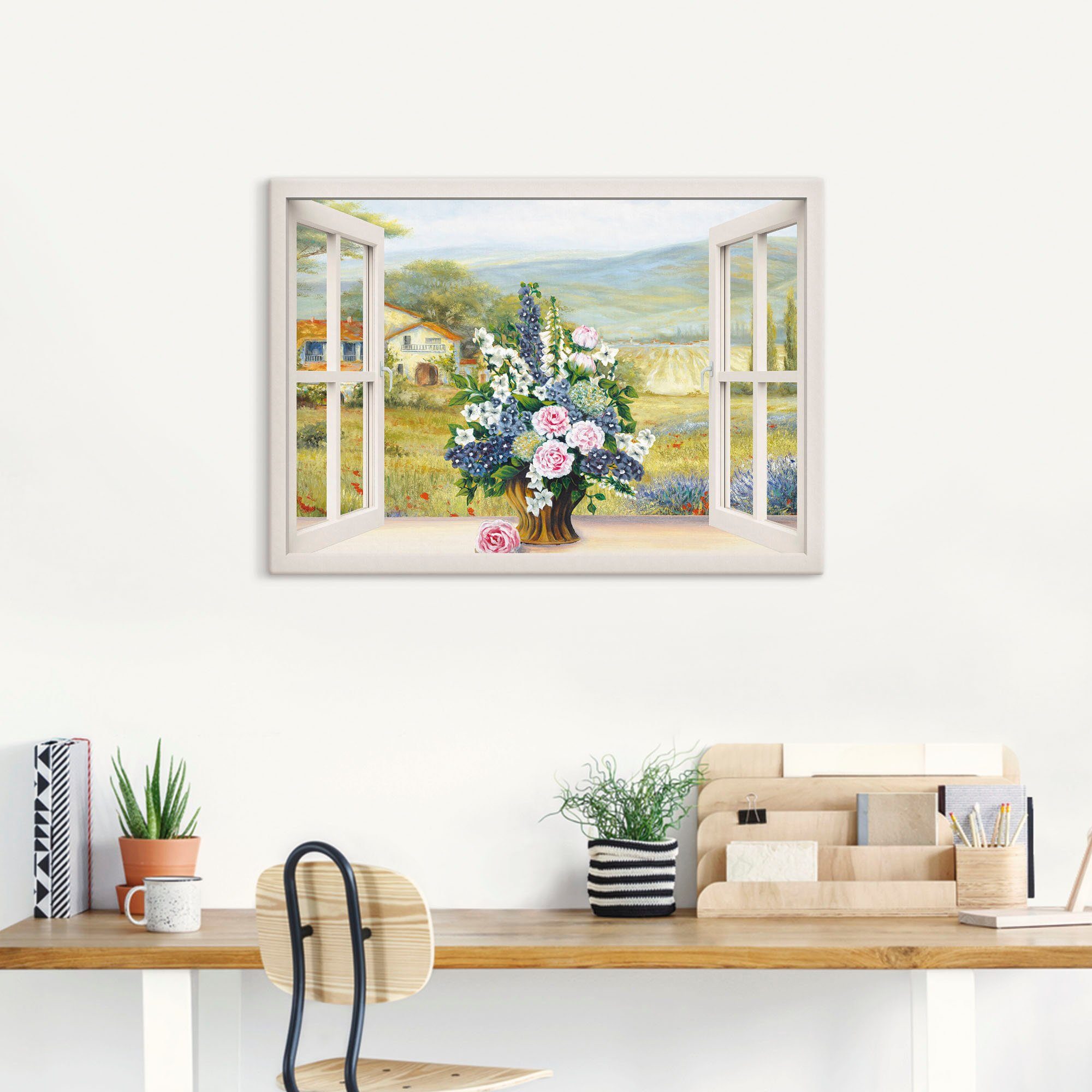 Artland Leinwandbild Blumenbouquet am weißen Fenster, Arrangements (1 St), auf Holzrahmen gespannt