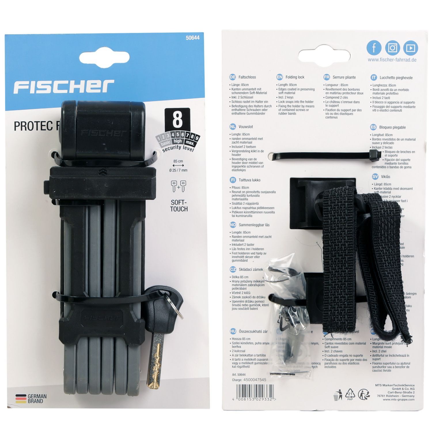 FISCHER Fahrrad Faltschloss Falt-Schloss Protec FKS85 85cm mit Halterung (Set), Fahrrad-Schloss Sicherheits-Schloss Faltschloss Beschichtet Schlüssel