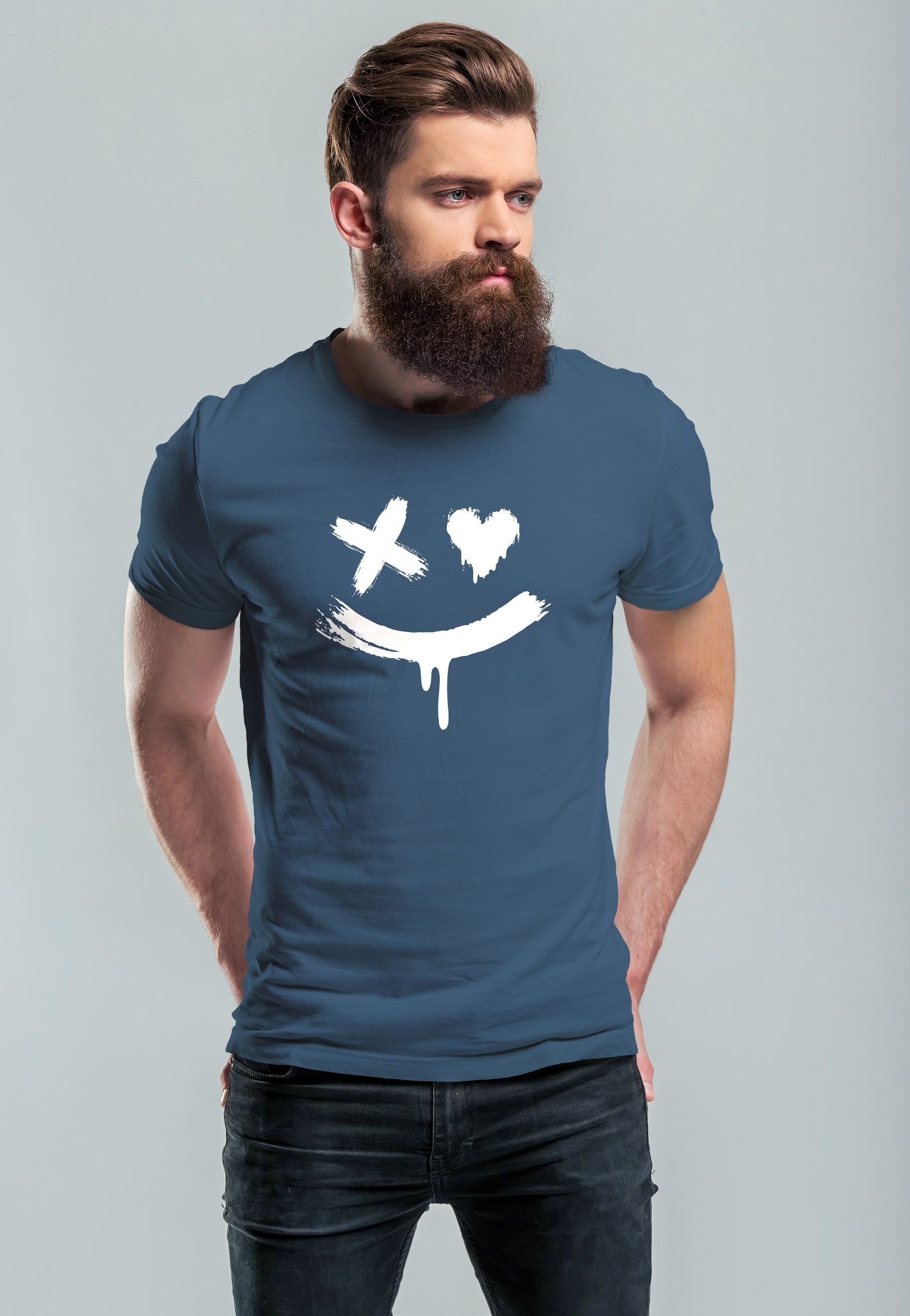 Herren Streetstyle Aufdruck blue T-Shirt Print mit Neverless Techwear Print Smile Print-Shirt denim Fashion T mit