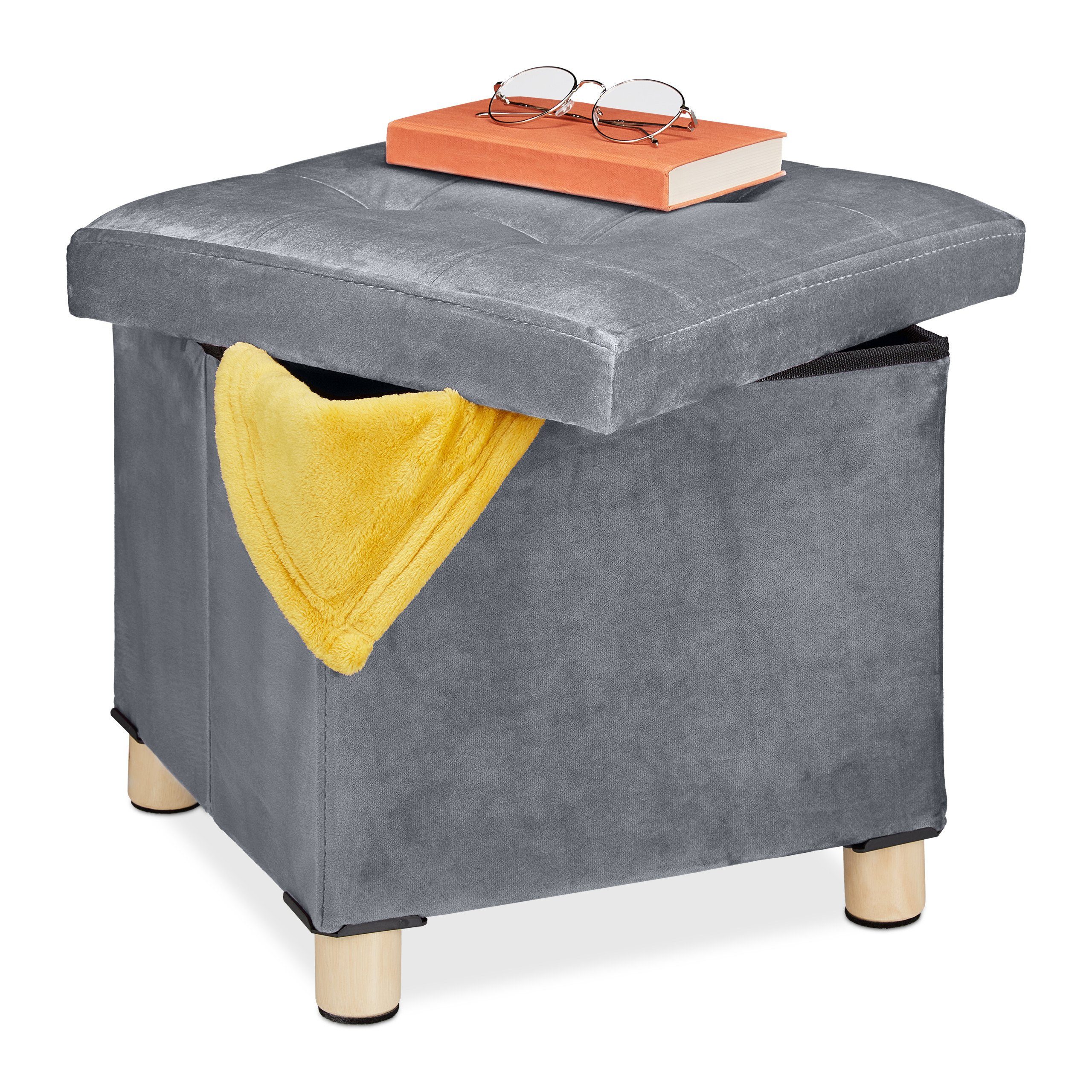 relaxdays Polsterhocker Samthocker mit Tablett, hellgrau günstig online kaufen